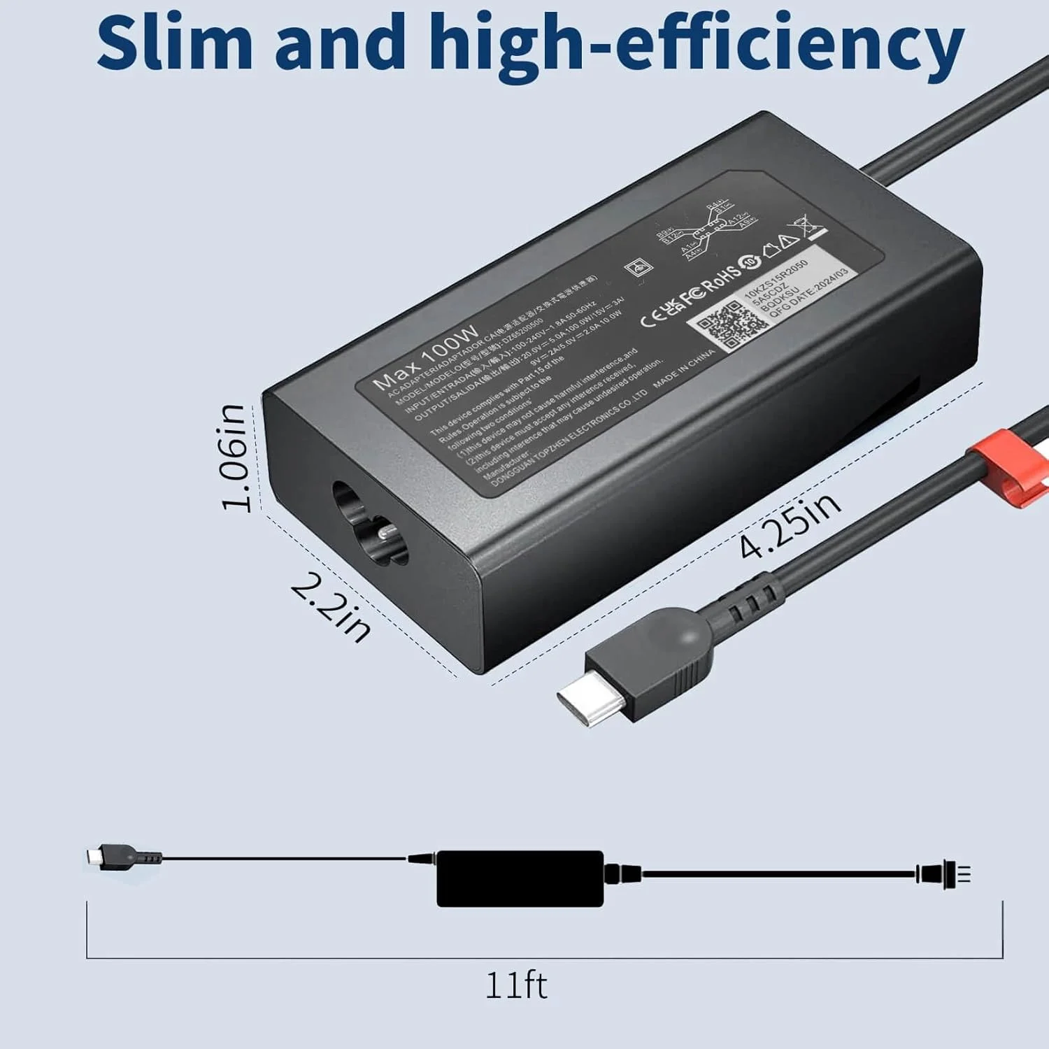 شارژر لپ تاپ USB C باریک 100 واتی جدید برای لپ تاپ های لنوو Type C Thinkpad/Yoga/Chromebook، شارژر USB C 100 واتی برای MacBook، HP، ASUS، Acer، MSI، آداپتور AC کامپیوتر Dell