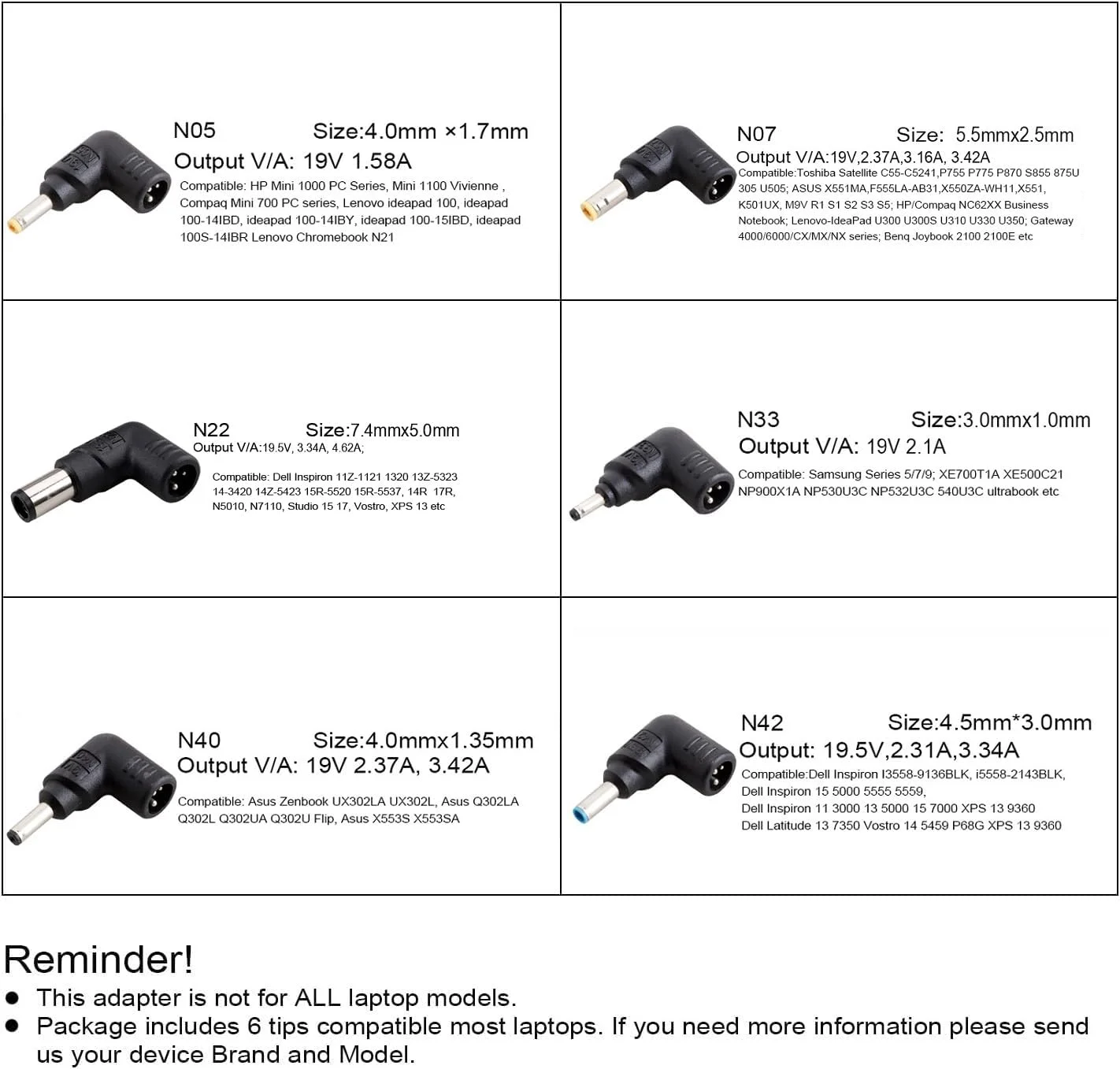کابل برق چند منظوره یونیورسال با 6 سر DC، کابل USB A|C به کانکتور 3 پین، آداپتور برق AC لپ تاپ 90 واتی برای اچ پی، دل، ایسوس، ایسر، لنوو و غیره، DC 19V 19.5V