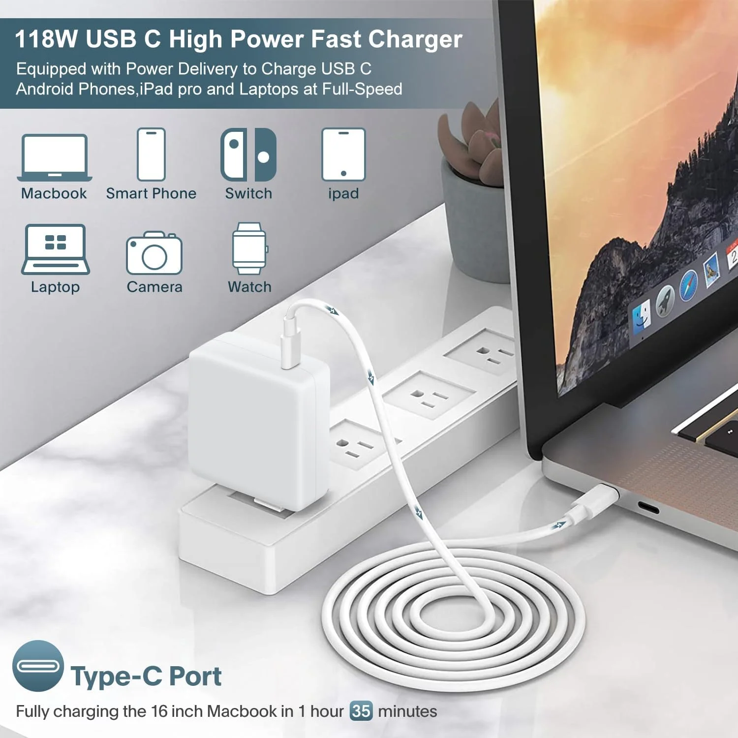 شارژر مک بوک پرو - شارژر سریع 118 واتی USB C سازگار با مک بوک پرو/ایر، M1 M2 M3 M4 M5، آیپد پرو، سامسونگ گلکسی و سایر دستگاه های USB-C (شامل کابل 6.6 فوتی)