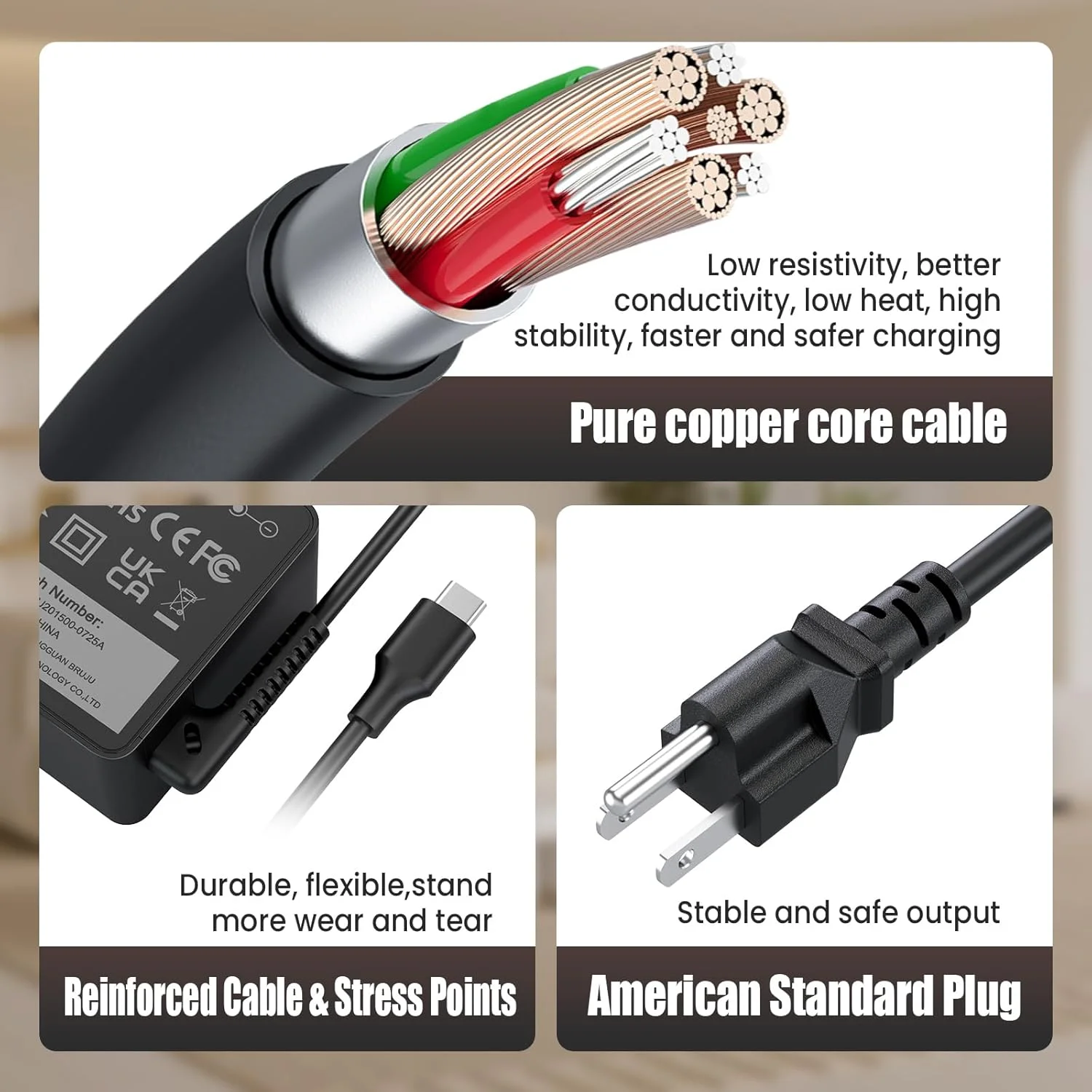 شارژر لپ تاپ 45 واتی USB C مدل LJO-EEIH سازگار با HP Spectre x360 Envy x360 EliteBook ProBook Pavilion Aero Chromebook آداپتور برق USB-C PD برای لپ تاپ های منتخب HP با پورت شارژ Type C