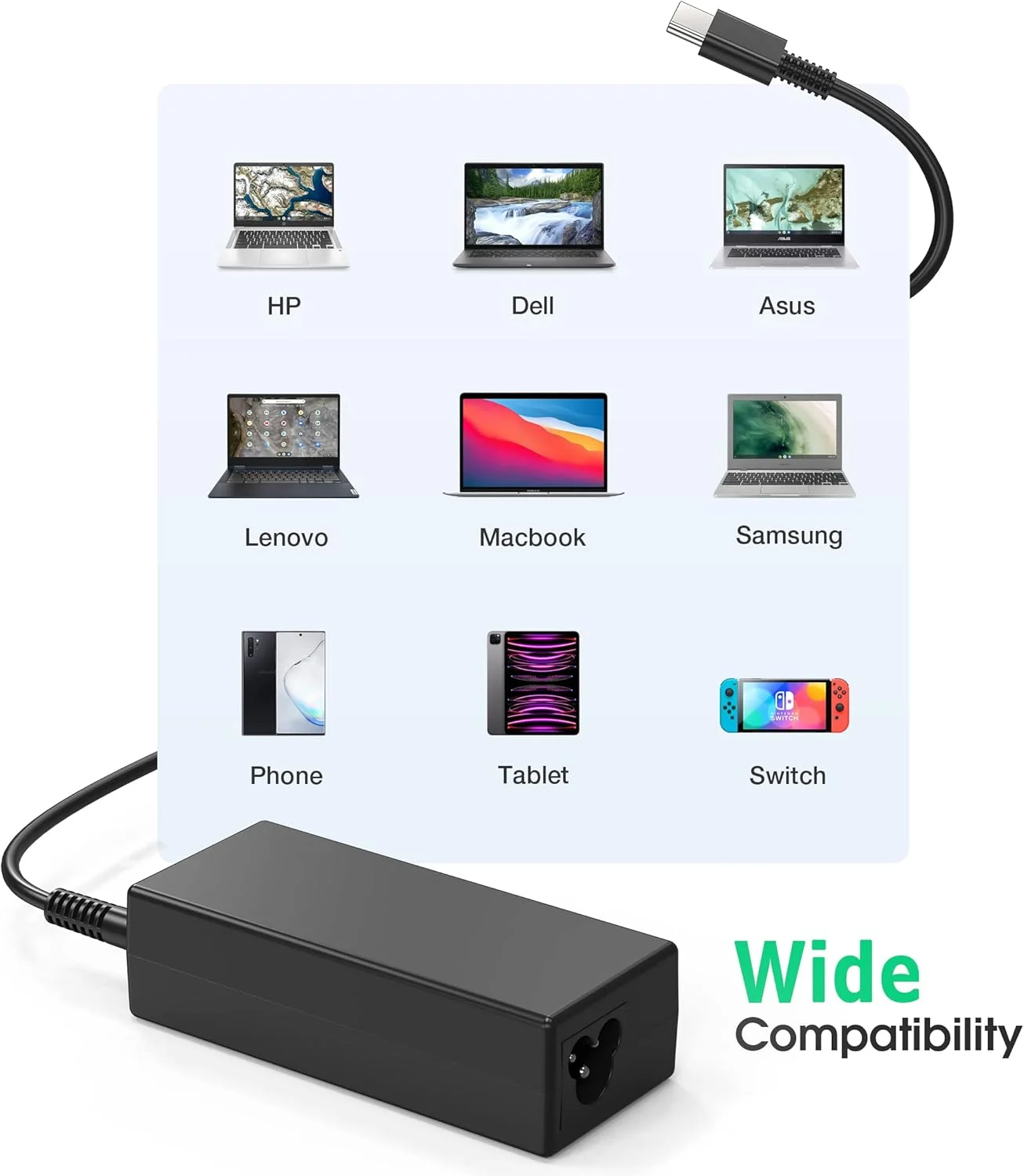 شارژر لپ تاپ USB C، شارژر 65 واتی کروم بوک سازگار با لپ تاپ های HP Lenovo Dell Asus Acer Samsung Google Chromebook با شارژ سریع Type C