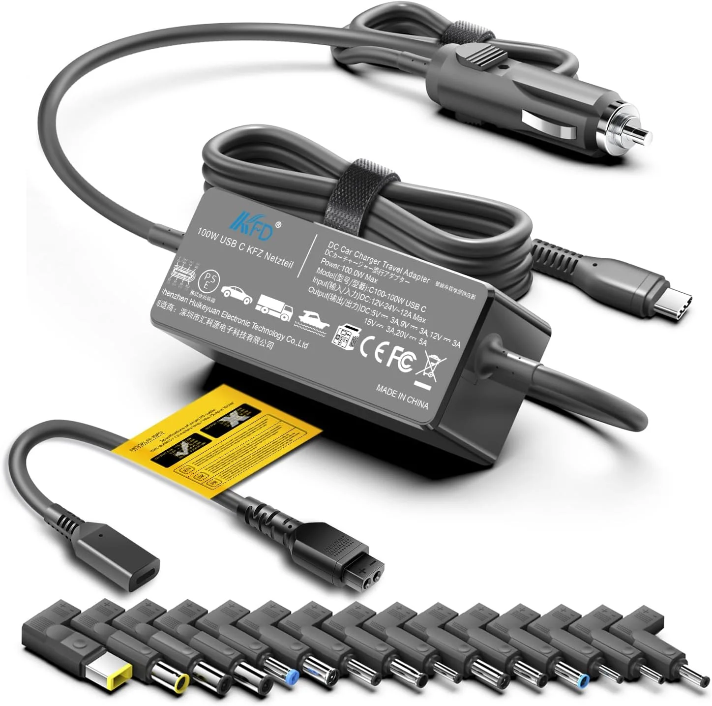 KFD Universal Laptop Car Charger PD 100W 90W 87W 67W 65W 61W 45W USB C DC Adapter for MacBook Surface Lenovo Dell HP Gateway Asus Acer Samsung Sony Monitor LG TV Soundbar Speaker Power Station Cord