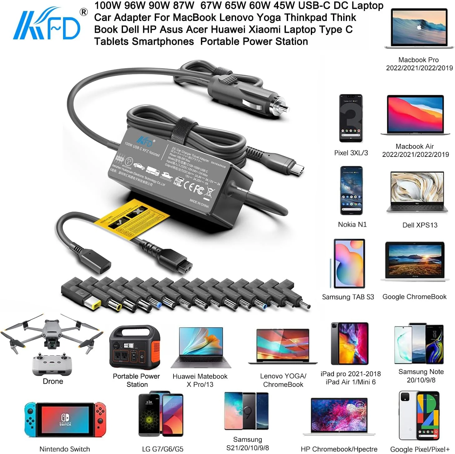 KFD Universal Laptop Car Charger PD 100W 90W 87W 67W 65W 61W 45W USB C DC Adapter for MacBook Surface Lenovo Dell HP Gateway Asus Acer Samsung Sony Monitor LG TV Soundbar Speaker Power Station Cord