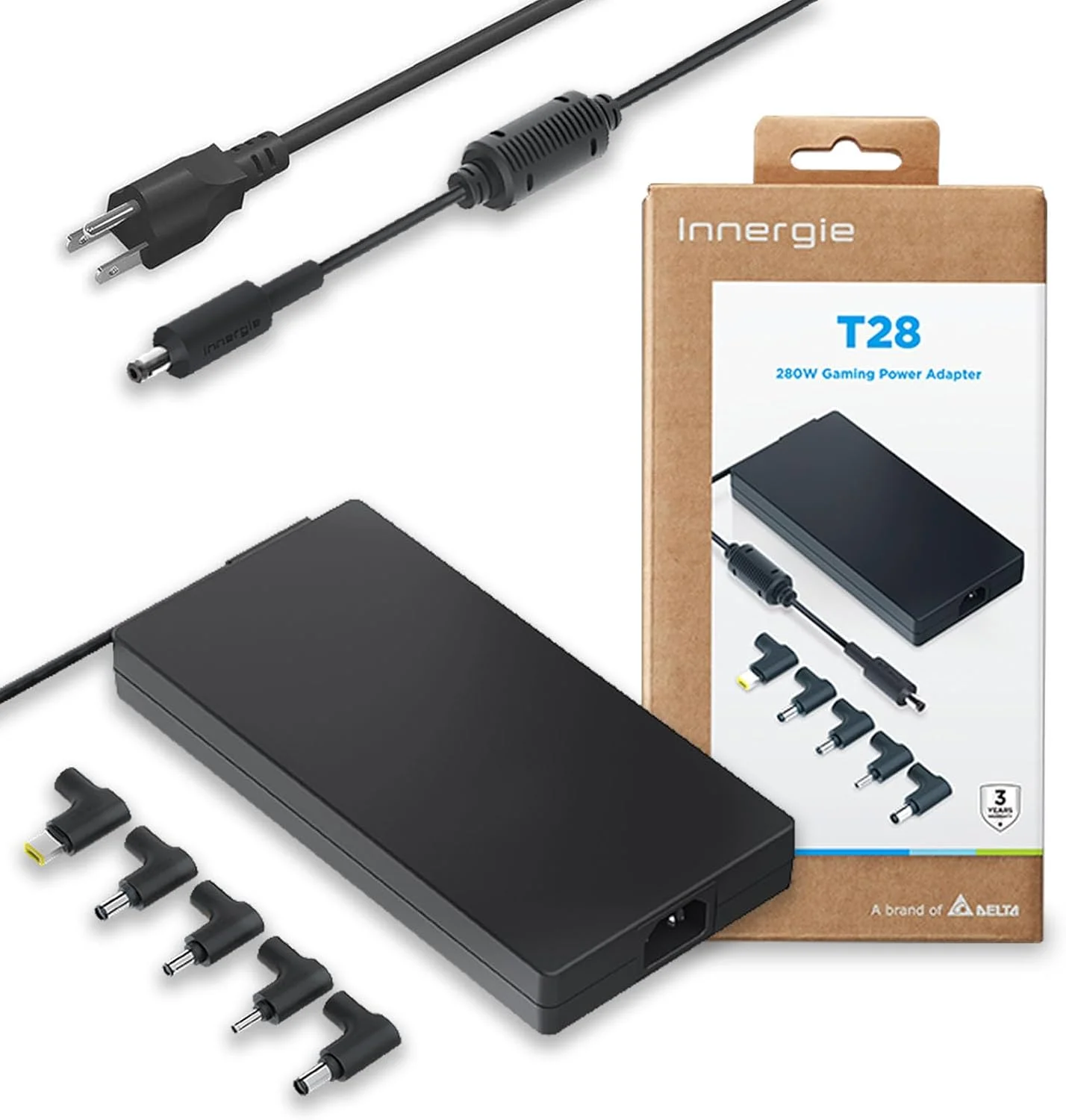 شارژر لپ‌تاپ گیمینگ یونیورسال Innergie T28 با توان 280 وات، 19.5 ولت و 14.36 آمپر، آداپتور برق برای ایسر، ایسوس راگ، دل، Alienware، اچ‌پی، لنوو، MSI، ورودی 100-240 ولت AC، ساخت دلتا الکترونیکس
