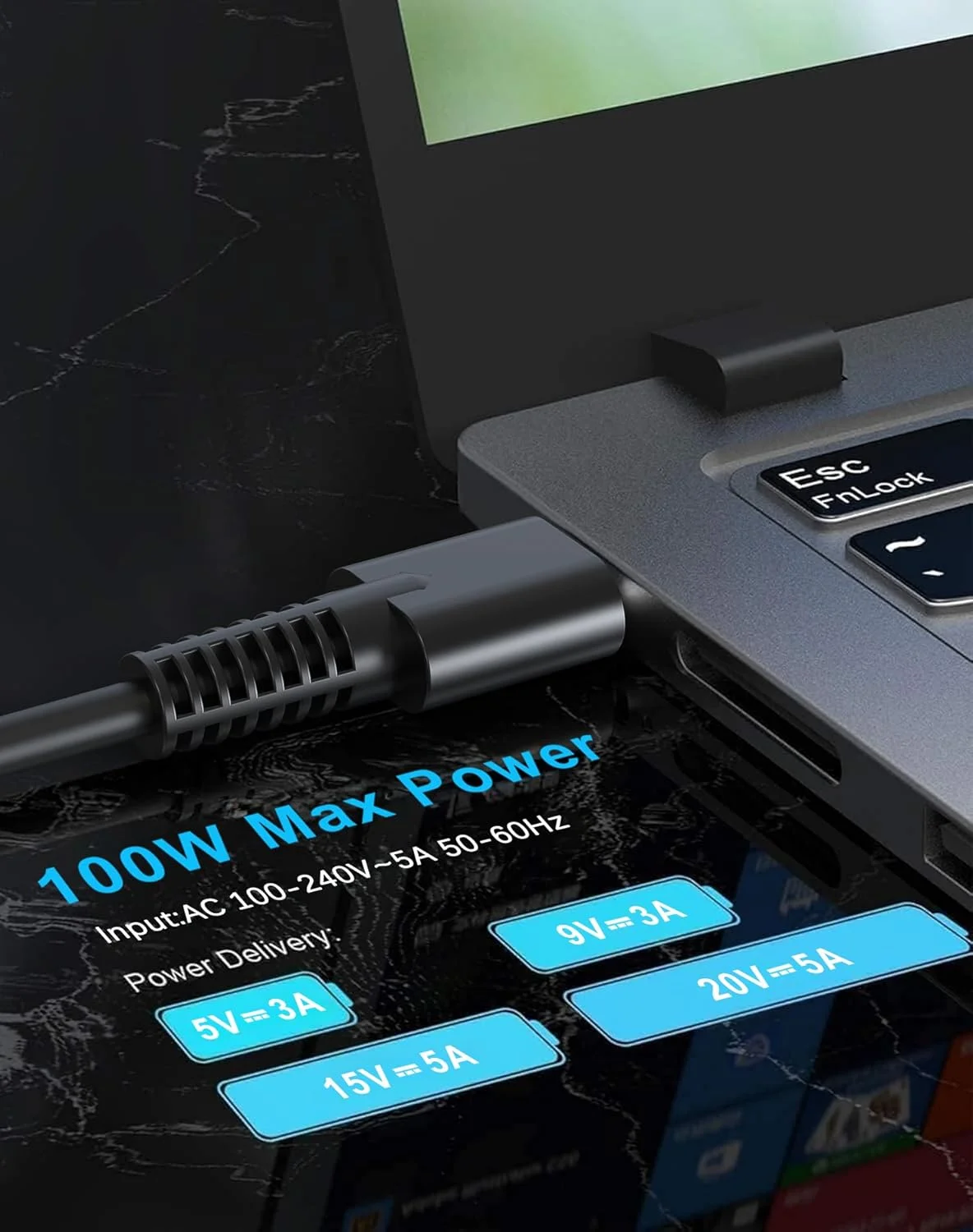 آداپتور برق 100 واتی USB C سازگار با مک بوک پرو/ایر 16، 15، 14، 13 اینچی HP Dell Lenovo Asus Acer با شارژ سریع Type C