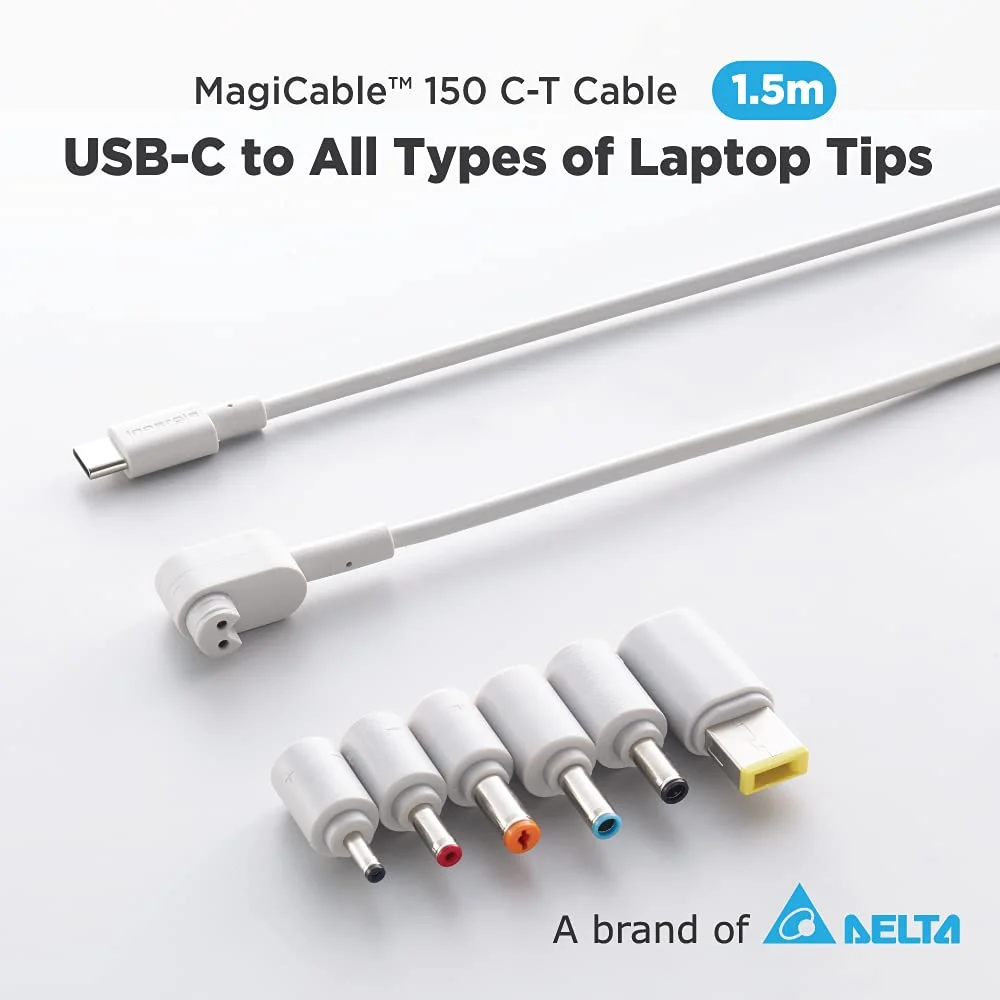 کابل آداپتور برق USB-C اینرجی مدل C-T به طول 1.5 متر به همراه کانکتورهای جهانی لپ تاپ، مناسب برای اکثر لپ تاپ ها و کانکتورهای چندگانه کامپیوتر سازگار با ایسر/ایسوس/دل/اچ پی/لنوو و غیره (دلتا الکترونیکس)