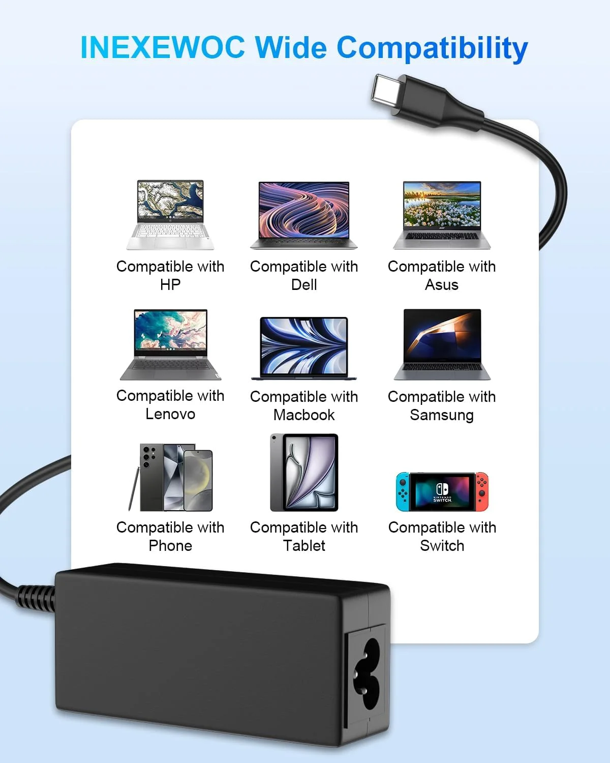 شارژر لپ تاپ USB C 45W سازگار با hp کروم بوک/Spectre X360، Lenovo ThinkPad/Yoga، Dell Chromebook/Latitude، Acer، Asus، Samsung، Google Series کابل برق یونیورسال کروم بوک Type C