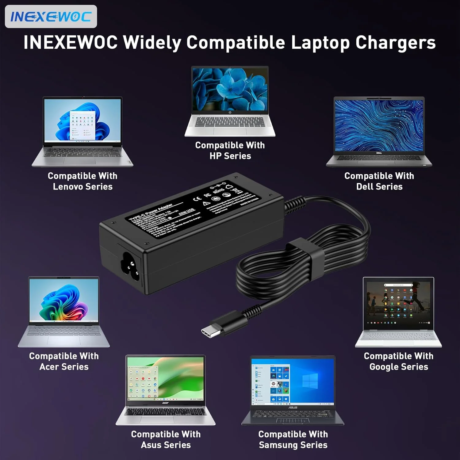 شارژر لپ تاپ 65 واتی USB C یونیورسال سازگار با لنوو، اچ پی، دل، ایسر، ایسوس، سامسونگ، گوگل و غیره، برای دفتر، مدرسه و خانواده