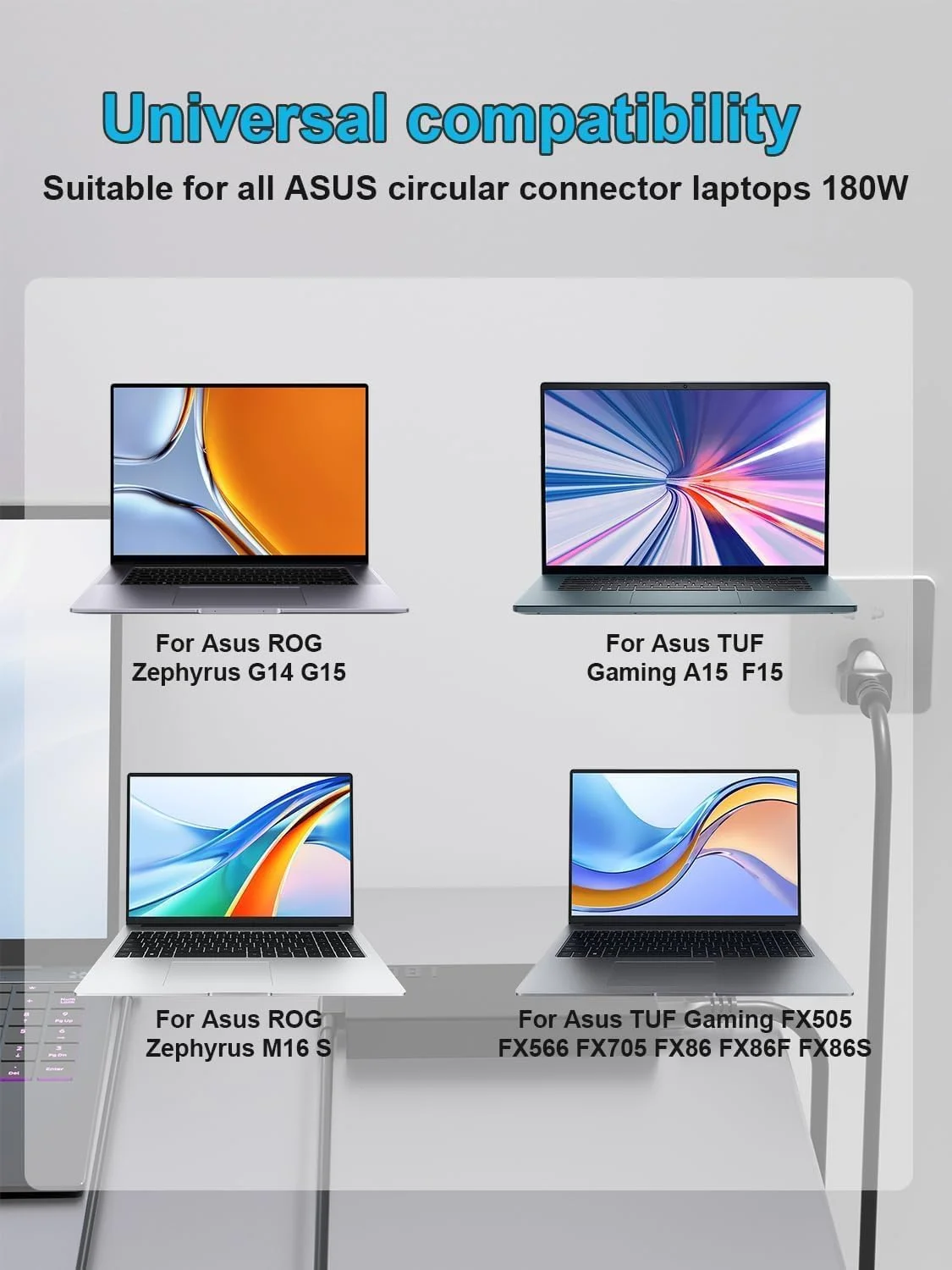شارژر 180 واتی سازگار با لپ‌تاپ‌های ایسوس ROG Zephyrus G14 G15 GA401 GA502 TUF Gaming A15 F15 F17 A17 FX566 FX705 FA706 FX766 FA506 FX706 FX506 FX505DT ROG Strix G G15 G531 G731