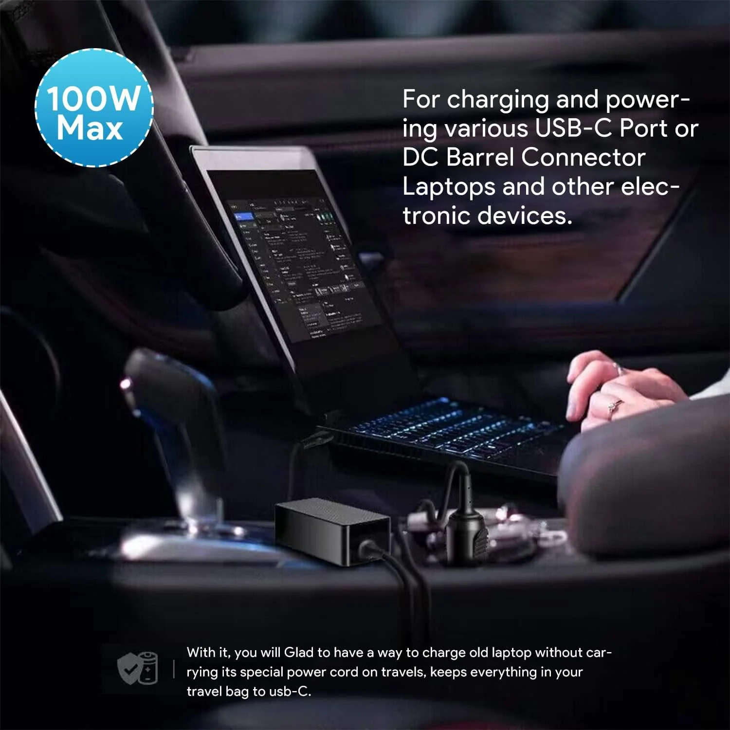 HKY Universal Laptop Car Charger PD 100W 95W 90W 65W DC Travel Adapter for HP Dell Gateway Lenovo LG Acer ASUS Compaq Samsung Sony Fujitsu Toshiba and More Notebook Computer Tablet Speaker Smartphone