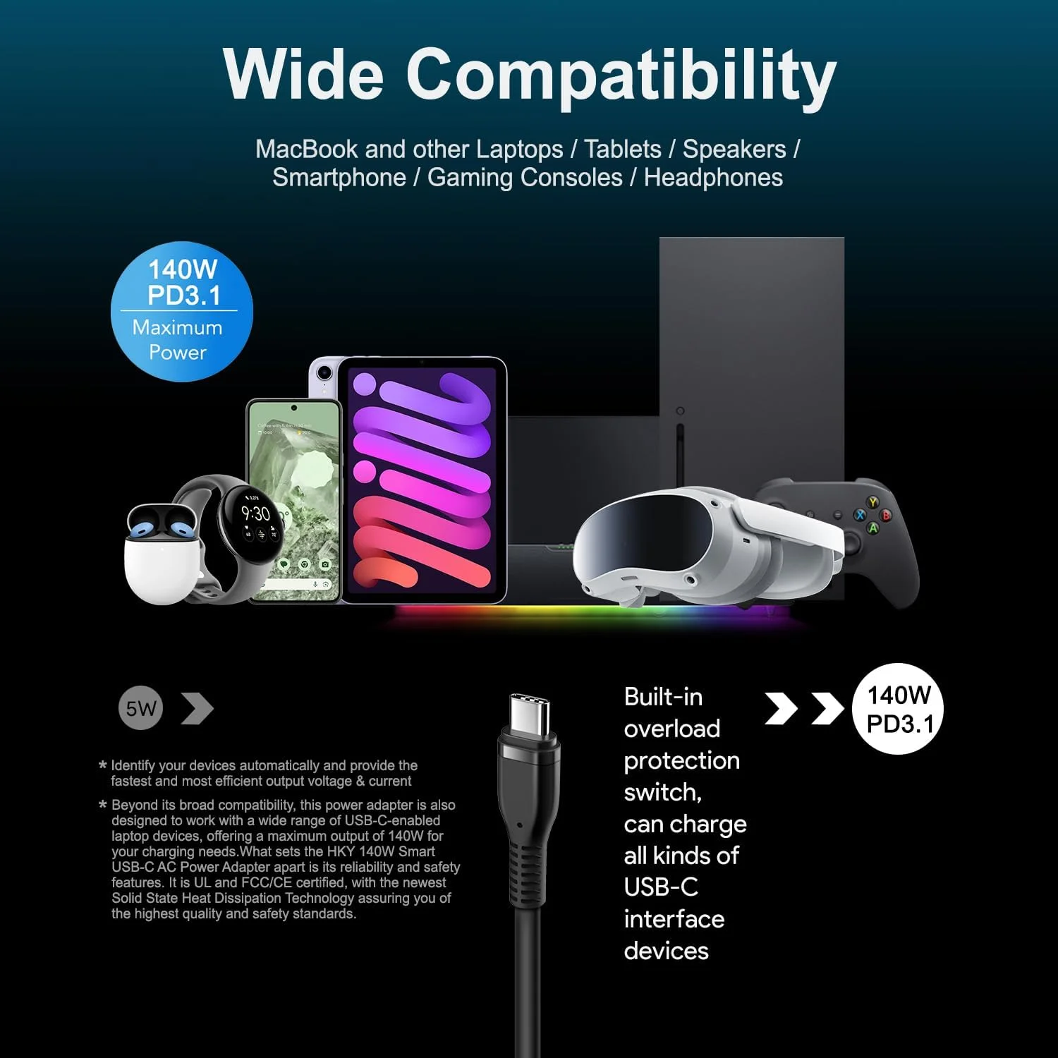 آداپتور برق شارژر USB C 140W HKY PD3.1 GaN 28V 5A برای HP OMEN Transcend 14 Spectre x360 16" Msi Prestige 14 16 AI Studio Summit E16 AI Studio eero PoE Gateway FSP140-APDAR02 TPN-LA29