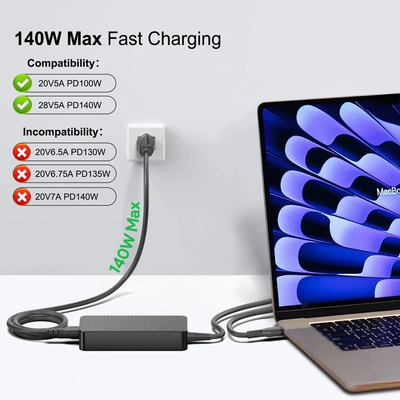 آداپتور برق 140 واتی USB C مدل HKY 28V 5A PD3.1 GaN برای Avalon Nano 3 BTC Miner Canaan، داک استیشن j5create، مک‌بوک، دل، لنوو، ایسوس ROG، سامسونگ گلکسی، MSI، ایسر، HP OMEN Gaming PC