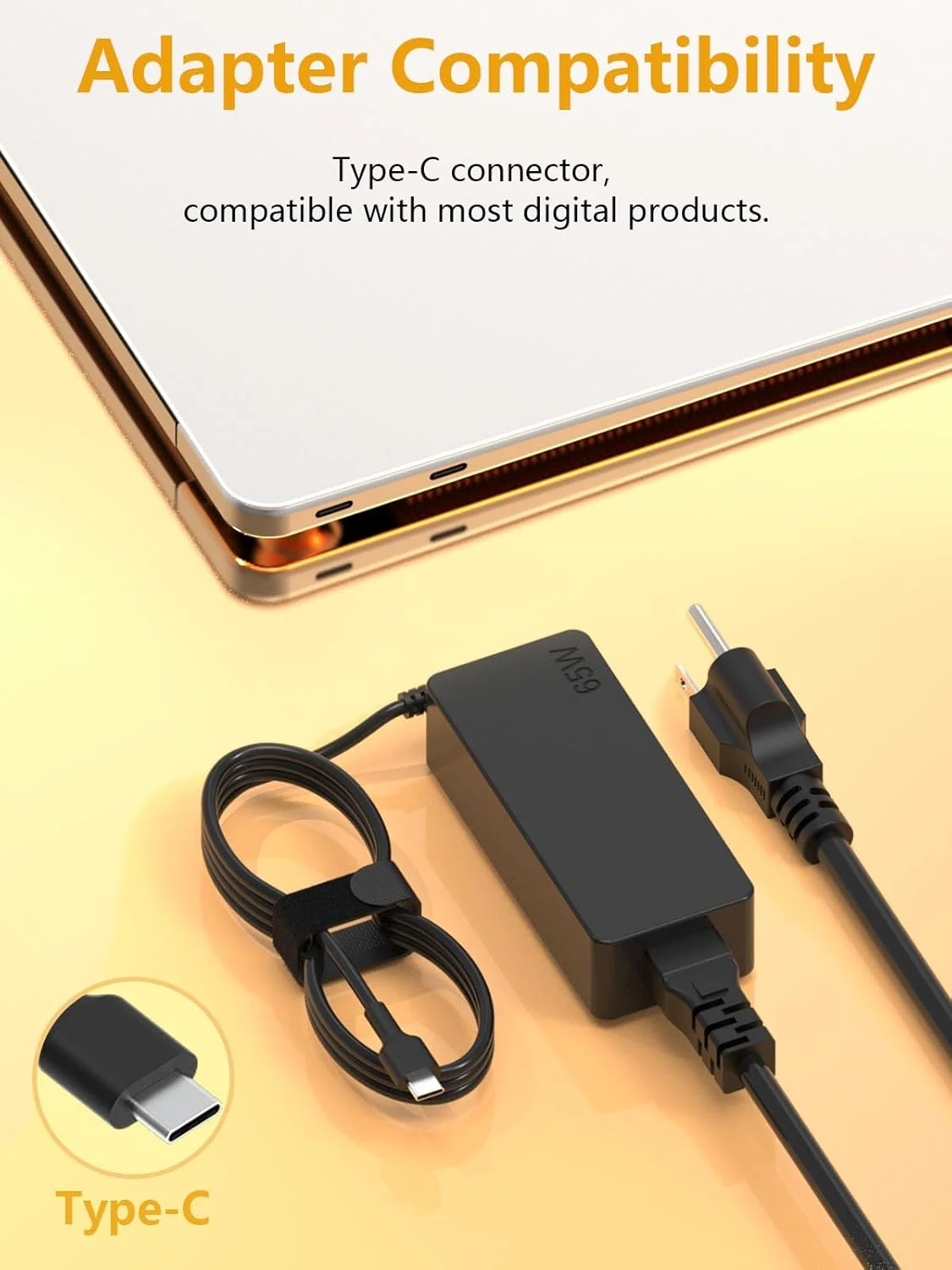 شارژر لپ تاپ 65 واتی USB C سازگار با HP Envy/Spectre X360/Chromebook X360، Lenovo Thinkpad X1 Carbon T480/Yoga 7i C940 C930، Asus vivobook، Samsung، Acer، Google، Type C