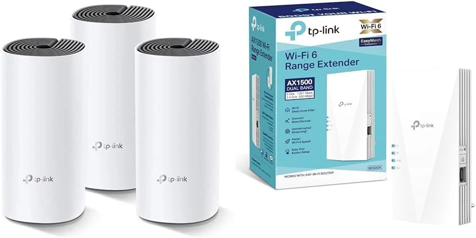 مجموعه وای‌فای مش دکو M4 تی‌پی‌لینک (بسته‌ی 3 عددی) و تقویت‌کننده وای‌فای 6 RE500X AX1500