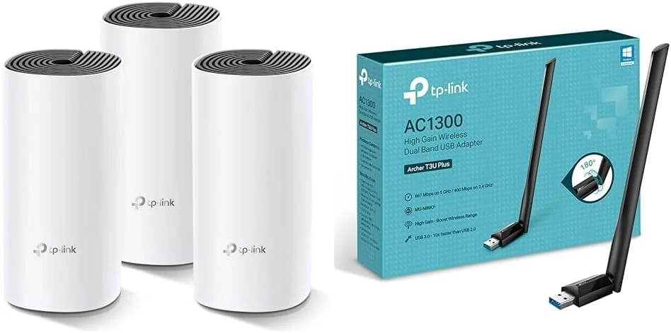 مجموعه وای‌فای مش دکو M4 تی‌پی‌لینک (بسته‌ی 3 عددی) و آداپتور استیک وای‌فای USB با آنتن تقویت‌شده Archer T3U Plus AC1300