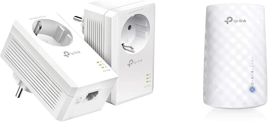 ست آداپتور پاورلاین تی‌پی‌لینک مدل TL-PA7017P KIT (1000 مگابیت بر ثانیه و RE190 AC750 WLAN-Repeater، 433 مگابیت بر ثانیه 5 گیگاهرتز، سفید)