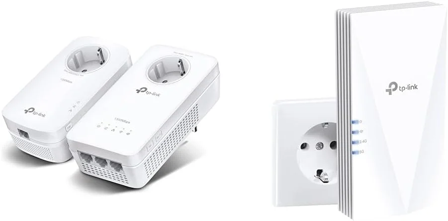 مجموعه آداپتور پاورلاین WLAN تی پی-لینک مدل TL-WPA8631P KIT و تقویت کننده WLAN وای فای 6 مدل RE500X AX1500