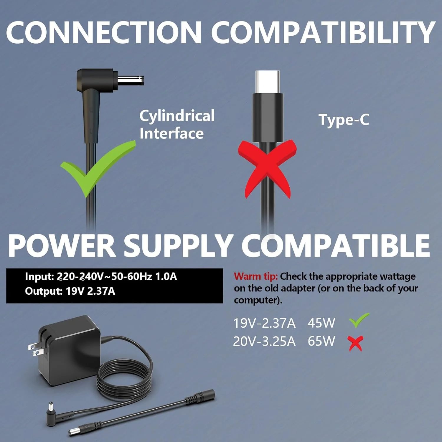 شارژر لپ تاپ 45 واتی سازگار با ایسوس ZenBook E510 E510M E510MA E410 E410M E410MA L510 L510M L510MA L210 L210M L210MA UX330 UX305 X512 Vivobook F510 F512 F512J سیم برق کامپیوتر