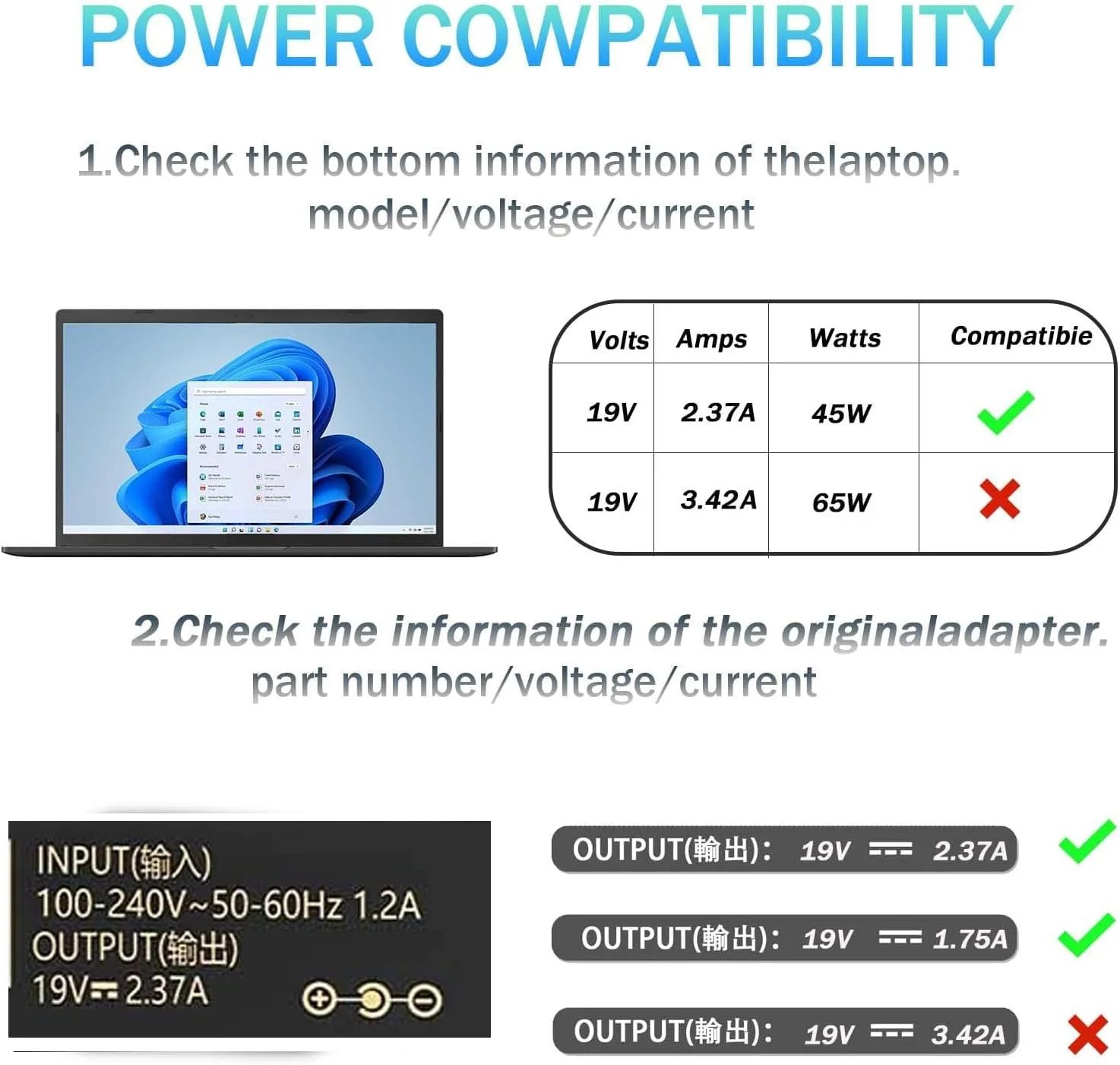 شارژر 45 واتی AC سازگار با لپ‌تاپ‌های Asus Vivobook 14 15 17 F415 F510U F512J ZenBook UX330 UX330U UX360 UX360C UX305 Chromebook C202 C300، 19 ولت 2.37 آمپر، با سر فیش 4.0 * 1.35 میلی‌متری