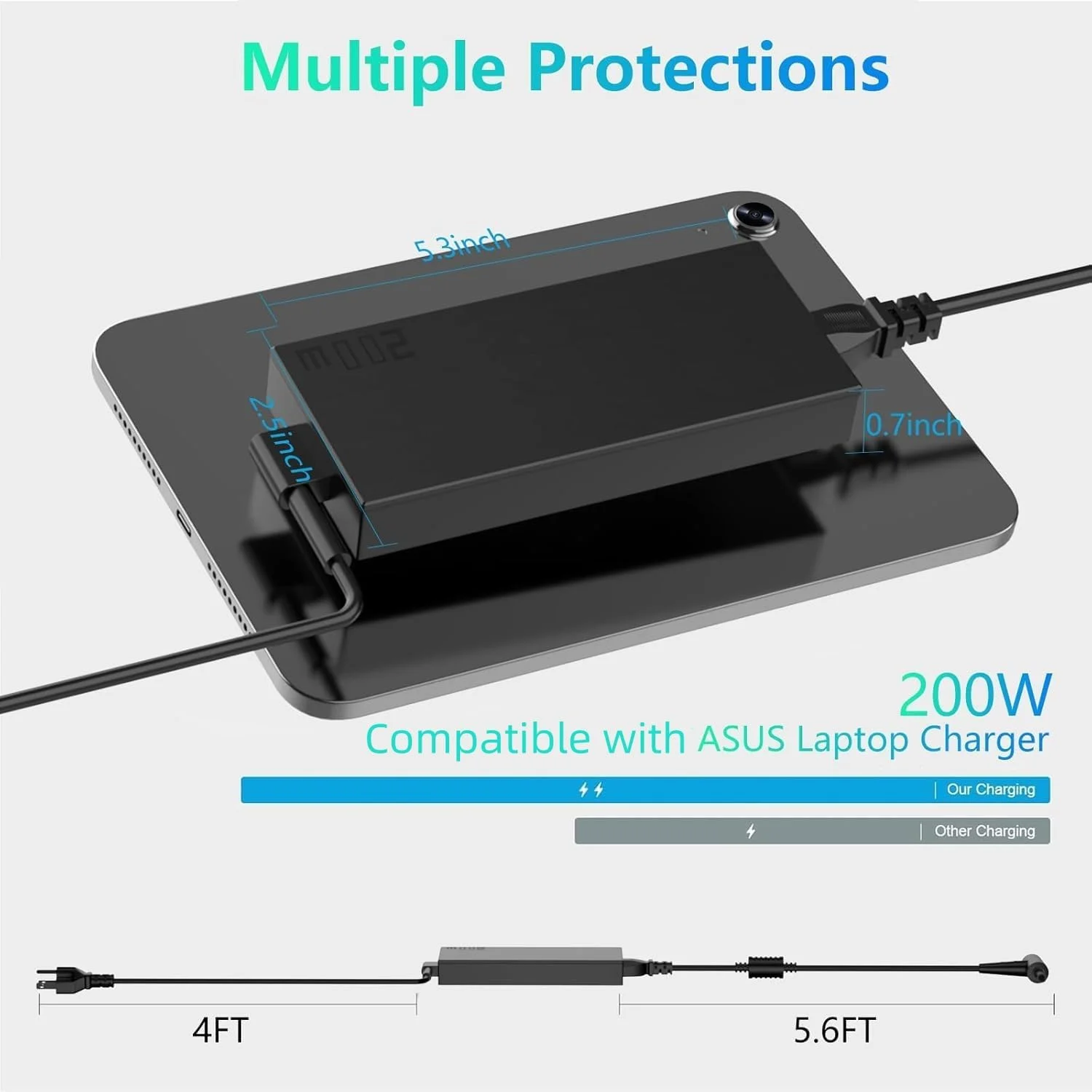 شارژر لپ تاپ 200 واتی مدل ADP-200JB D سازگار با Asus TUF Dash F15، TUF Gaming A15 F15 F17 A17، Rog Zephyrus G15 GA503QM GA503QS GA503QR، Rog-Strix G15 G17 به همراه کابل برق