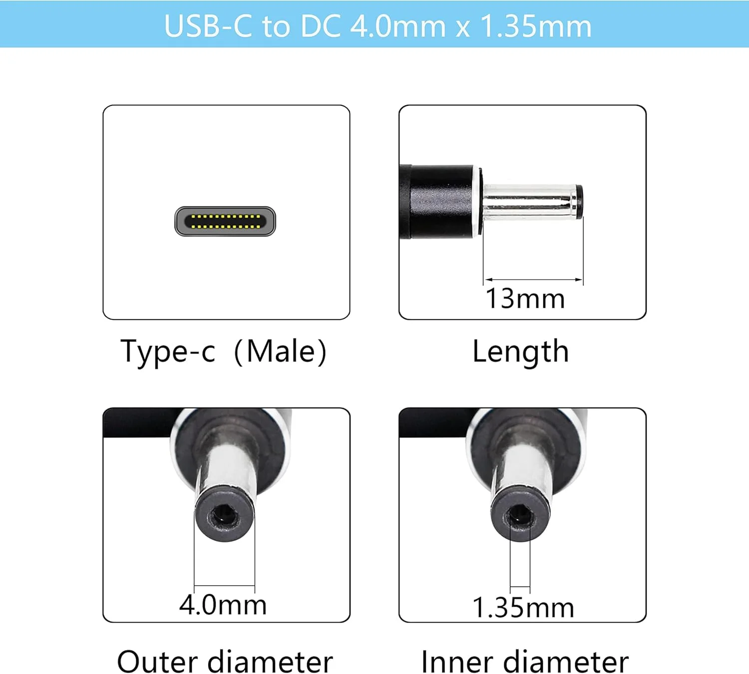 USB-C to Asus 4.0 x 1.35mm Converter Tip | 65W PD Charger Adapter for Q302L/Q302U/Q303UA/Q304U Laptop Power Connector