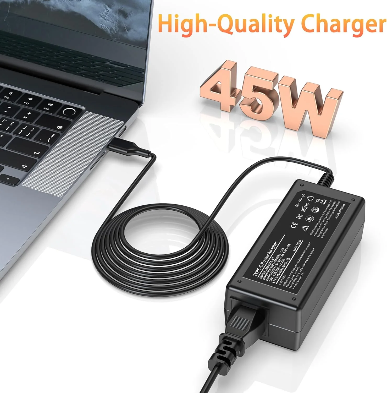 شارژر لپ‌تاپ یونیورسال 45 واتی USB C جایگزین برای اچ‌پی، دل، ایسر، ایسوس، لنوو، سامسونگ گلکسی، گوگل، هواوی میت‌بوک و تمام آداپتورهای برق تایپ C