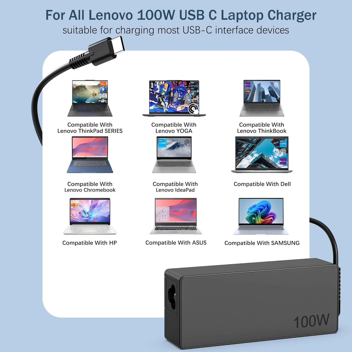 شارژر سریع 100 واتی USB C، شارژر جهانی لپ تاپ، سازگار با لنوو، مک بوک پرو/ایر 16، 15، 14، 13 اینچی، لنوو ThinkPad، اچ پی، دل، ایسوس، ایسر، سری گوگل، سیم برق Type C