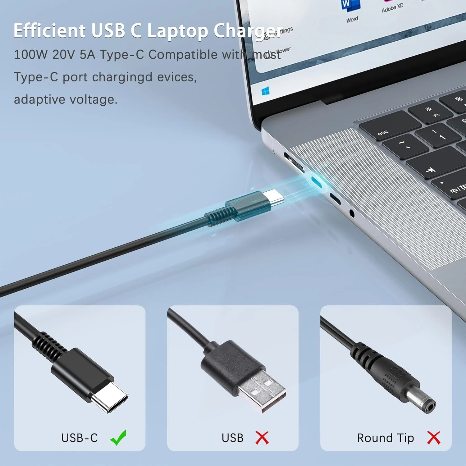 شارژر سریع 100 واتی USB C، شارژر جهانی لپ تاپ، سازگار با لنوو، مک بوک پرو/ایر 16، 15، 14، 13 اینچی، لنوو ThinkPad، اچ پی، دل، ایسوس، ایسر، سری گوگل، سیم برق Type C