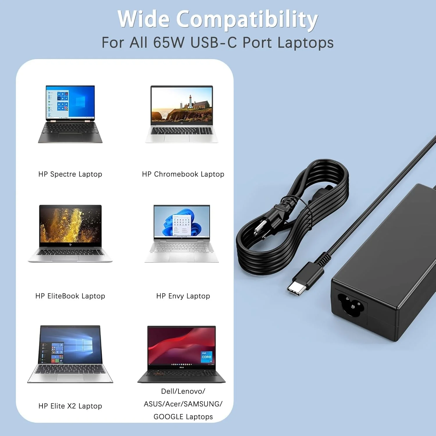 شارژر لپ تاپ 65 واتی USB C، سازگار با Lenovo ThinkPad T480s T580s E480 T490 E580 Chromebook C330 S330 100e 300e 500e، Dell، HP، Acer، Google UBS C آداپتور برق سریع