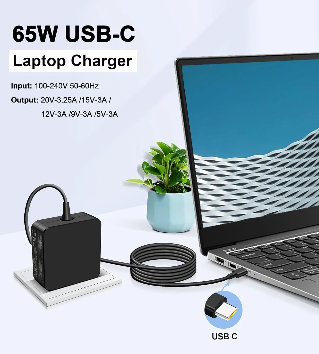شارژر USB C با توان 65 وات 45 وات سازگار با لپ تاپ های لنوو ThinkPad، مک بوک پرو، ایسوس Zenbook، ایسر Chromebook، هوآوی Matebook، اچ پی Spectre و دل Latitude به همراه کابل برق