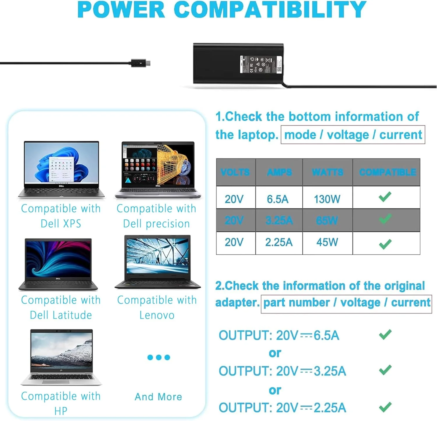 شارژر 130 واتی USB C Type C سازگار با Dell Precision 5530 2in1 5550 5750 3560 3550 XPS 15 9500 17 9700 Latitude 7410 7310 9410 9510 مدل لپ تاپ DA130PM170 HA130PM170 به همراه سیم برق