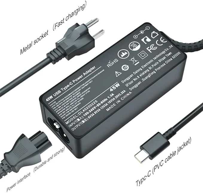 شارژر یونیورسال 45 واتی USB Type C سازگار با HP Chromebook X360 14 14A G5 11 11A G8 G7 G6 G1 G2 EE 14-ca051wm 14-ca020nr 14-ca061dx 14-ca043cl 14-ca052wm 918337-001 l43407-001