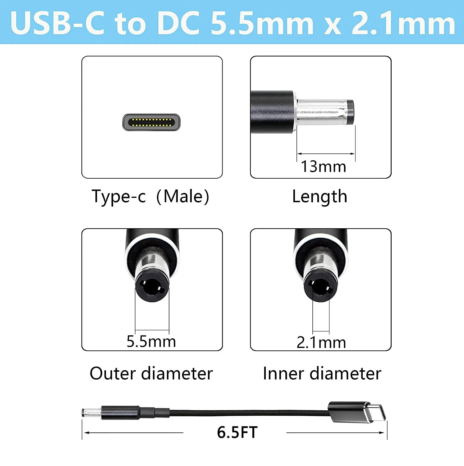 کابل شارژ USB C به 5.5mm لپ تاپ، آداپتور تبدیل کننده نر Type C به DC 5.5 x 2.1mm، کابل یونیورسال 2 متری فست 100W PD برای روتر ASUS Acer Dell HP MSI Toshiba