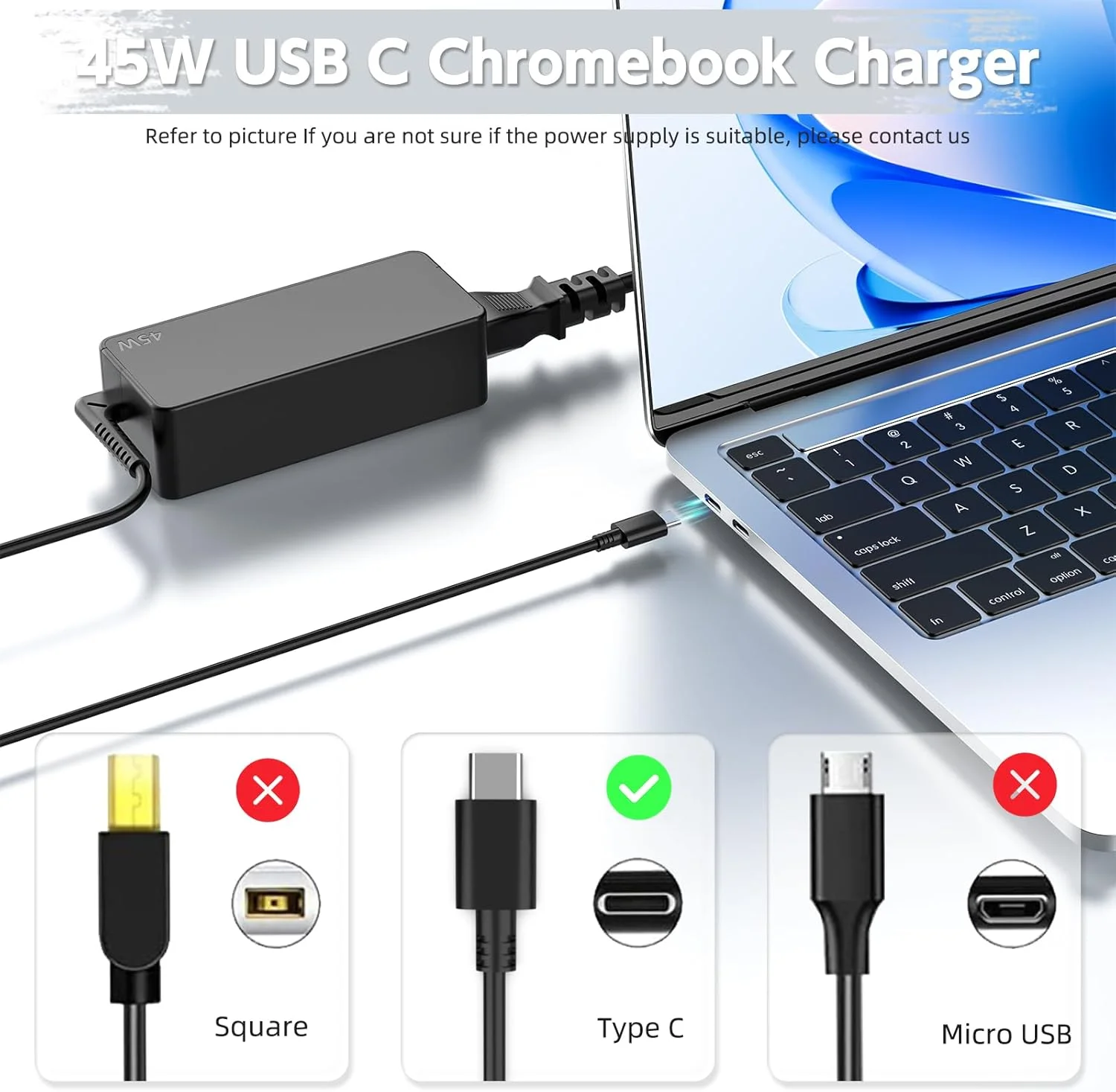 45W USB C Chromebook Charger Compatible with HP Chromebook, Lenovo Chromebook ThinkPad/Yoga, Asus, Acer, Dell Latitude, Samsung Laptop; Universal Type C Chromebook Power Supply Cord Replacement