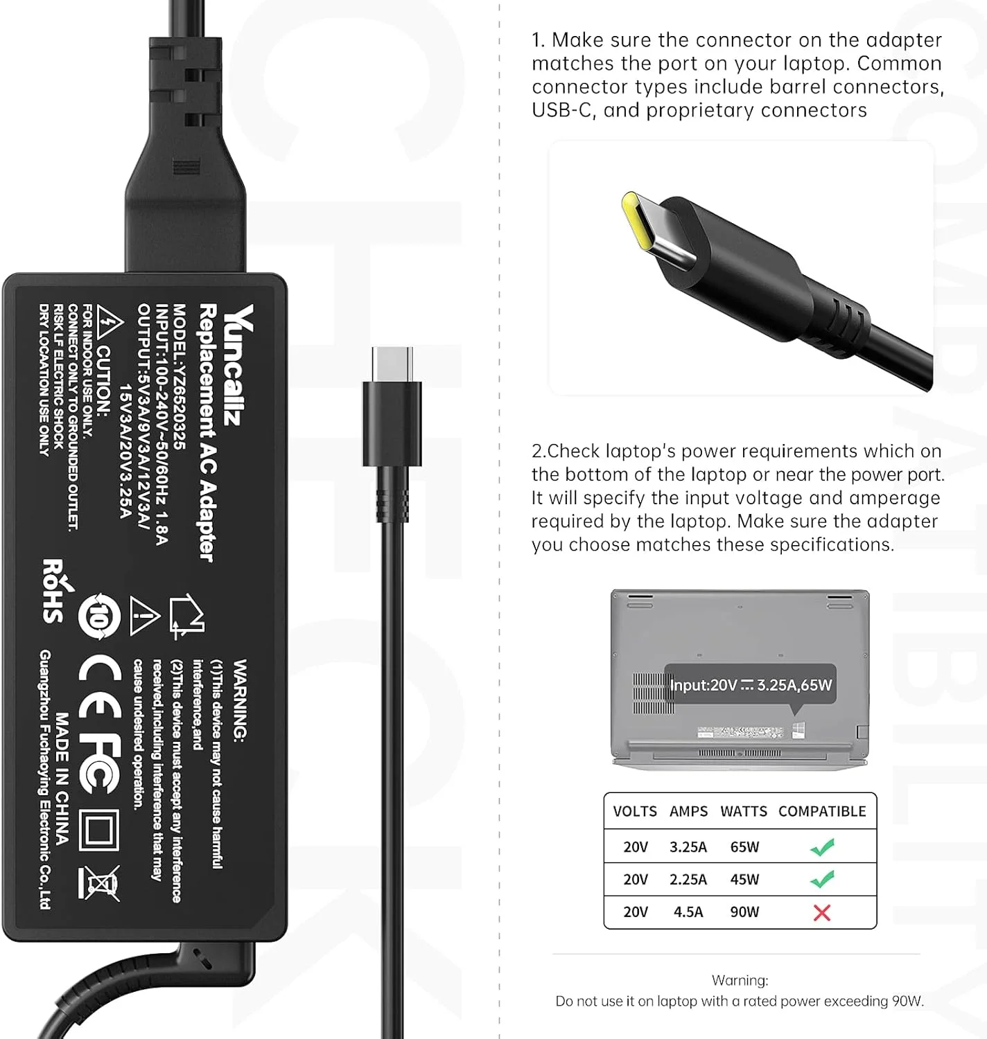 شارژر سریع 65 واتی USB C نوع C جایگزین شارژر لپ تاپ یونیورسال سازگار با HP، Dell، Lenovo، Acer، Asus، Samsung، Google