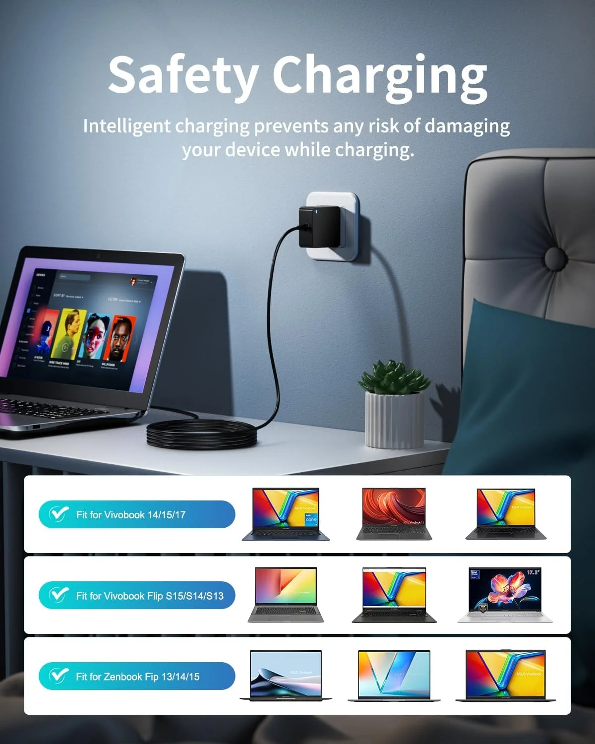 شارژر لپ تاپ مناسب برای ایسوس ویووبوک 14 15 17، S15 S14 S13 فلیپ، Go 12 14 15، مناسب برای Zenbook UX، ASUSPRO، مناسب برای ExpertBook، Eeebook و مدل های بیشتر با گواهی UL، سیم برق 7.5FT 65W 45W