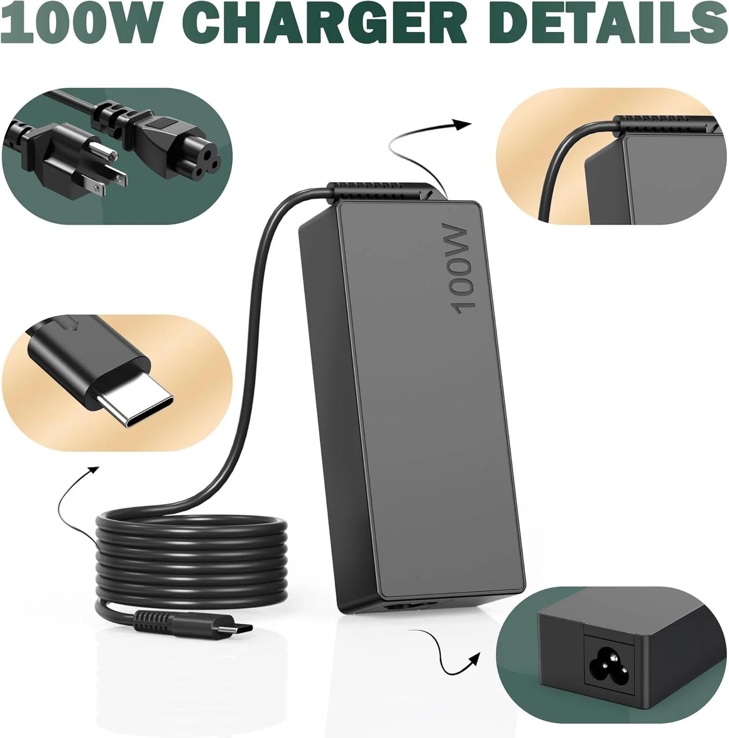 شارژر لپ تاپ 100 واتی USB C سازگار با لنوو Thinkpad Yoga Chromebook، مک بوک، اچ پی، دل، ایسر، ایسوس، سامسونگ، گوگل و همه دستگاه های USB Type C، آداپتور سریع با سیم برق