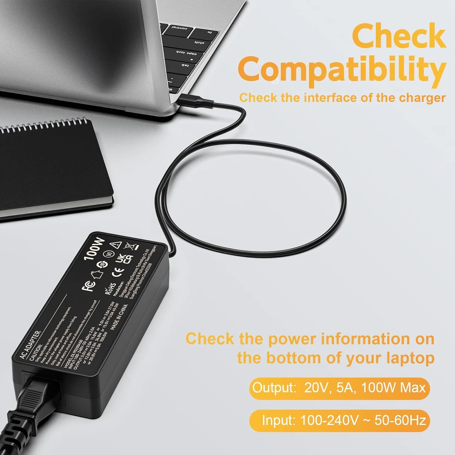 شارژر لپ تاپ 100 واتی USB C، شارژر سریع سازگار با لپ تاپ و تبلت های لنوو ThinkPad، Yoga، HP، ایسوس، ایسر، دل، MSI، مک بوک پرو/ایر؛ سیم منبع تغذیه لپ تاپ کروم بوک نوع C جهانی