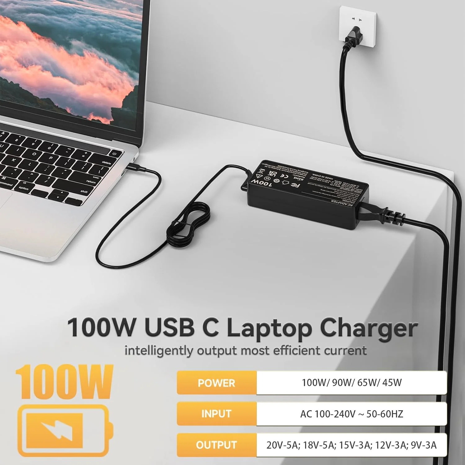 شارژر لپ تاپ 100 واتی USB C، شارژر سریع سازگار با لپ تاپ و تبلت های لنوو ThinkPad، Yoga، HP، ایسوس، ایسر، دل، MSI، مک بوک پرو/ایر؛ سیم منبع تغذیه لپ تاپ کروم بوک نوع C جهانی