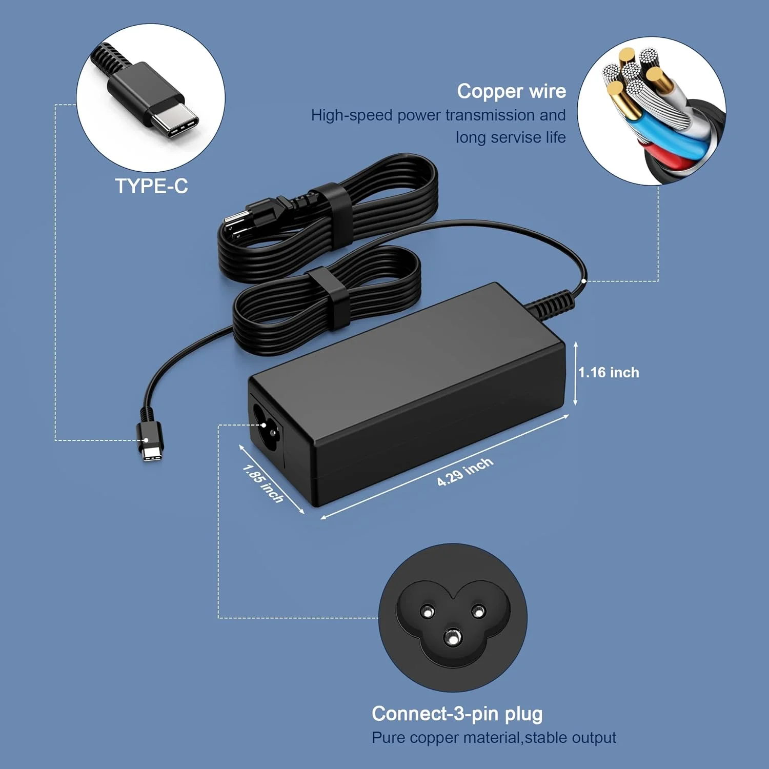 شارژر 65 واتی USB C سازگار با لپ‌تاپ‌های Lenovo Thinkpad USB C، جایگزین شارژر لپ‌تاپ‌های Hp Dell Chromebook 3100 Latitude 5420 Asus Samsung Acer، منبع تغذیه Type-C