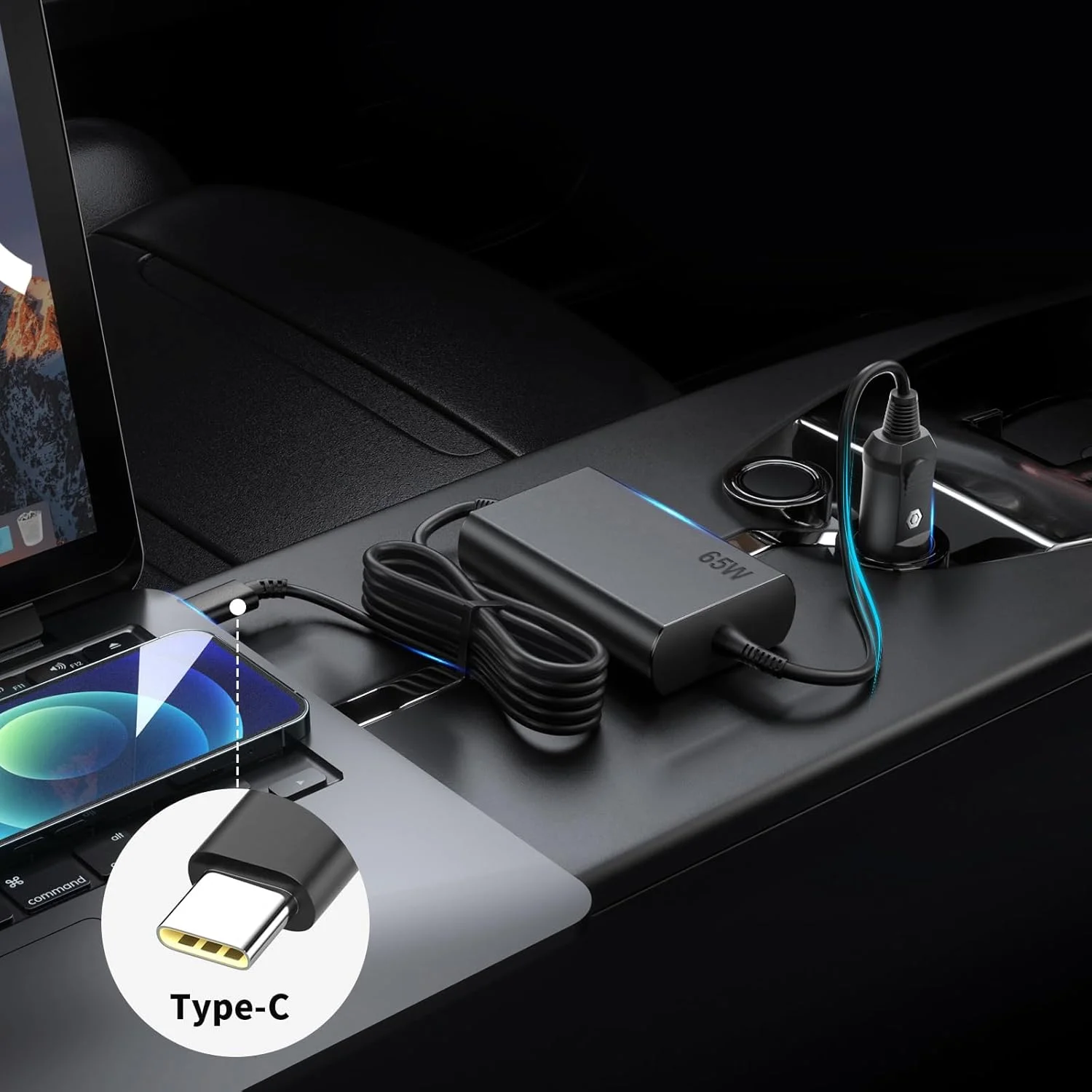 شارژر فندکی لپ تاپ USB C 65W DC برای لنوو Thinkpad Yoga Ideapad Slim ThinkBook MacBook Dell Latitude Chromebook Asus Acer HP Samsung و تمام دستگاه ها با پورت Type-C