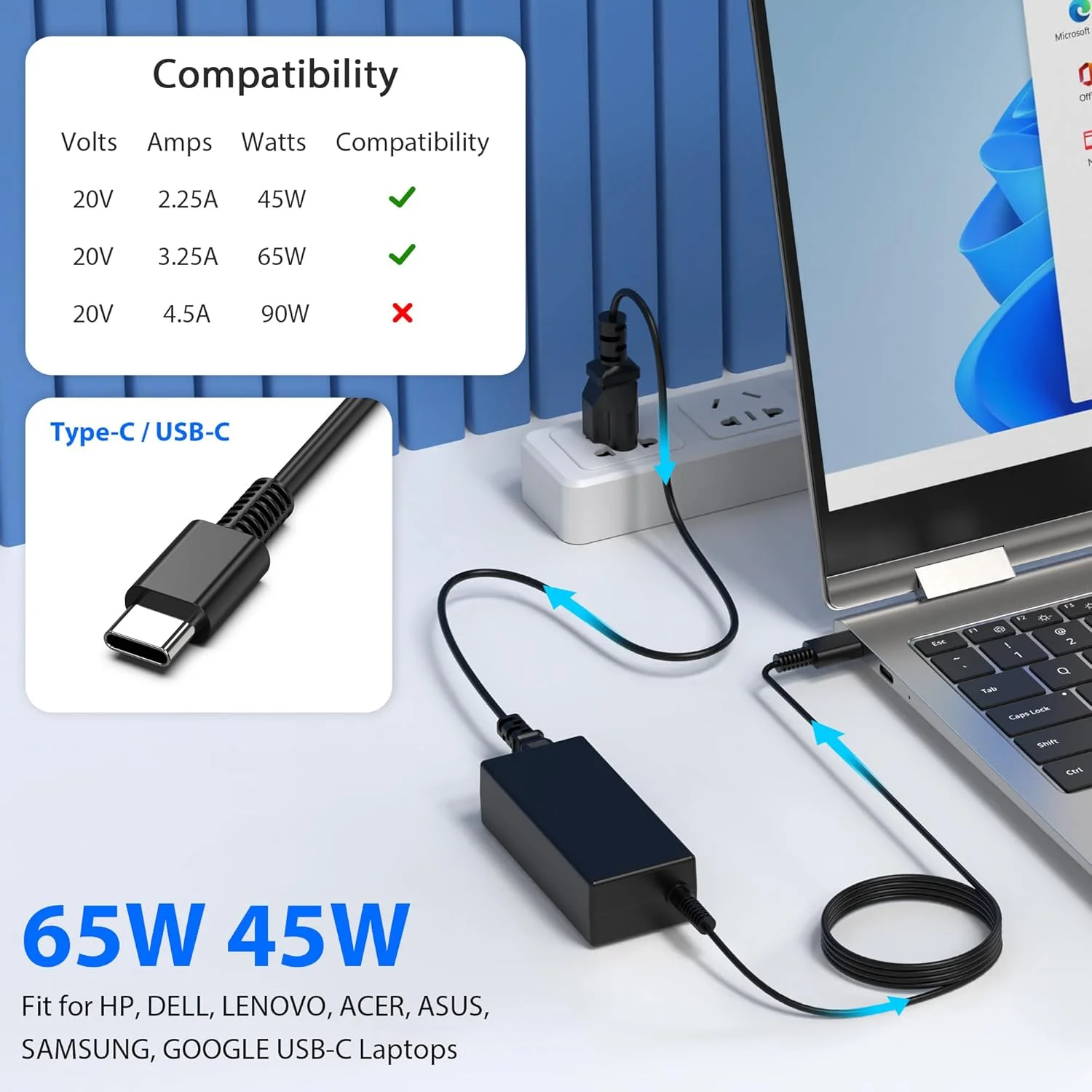 شارژر لپ تاپ 65 وات 45 وات USB C جایگزین برای HP، Lenovo Thinkpad Yoga، Dell، Asus، Acer، Samsung Chromebook شارژر سریع نوع C آداپتور AC منبع تغذیه