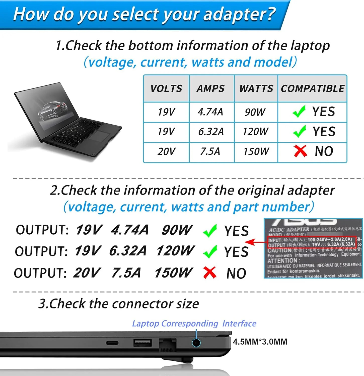 شارژر لپ تاپ 19V 6.32A 120W جایگزین برای ASUS Zenbook Flip 15 Q528 Q528E Q528EH Q538 Q536F Q537F Q546F Q547F UX550GE UX550GD UX550G UX550VE UX550VD آداپتور منبع تغذیه با سیم برق 4.5x3.0mm