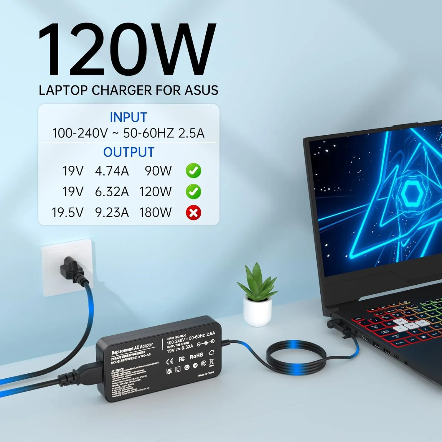 شارژر 120 واتی لپ تاپ ایسوس، 19 ولت 6.32 آمپر، سازگار با ایسوس Zenbook Flip 15 Q528 Q528E Q528EH Q538 Q538E Q538EI Q537 Q537F Q537FD UX550G UX550VE UX550VD به همراه کابل برق - 4.5x3.0mm