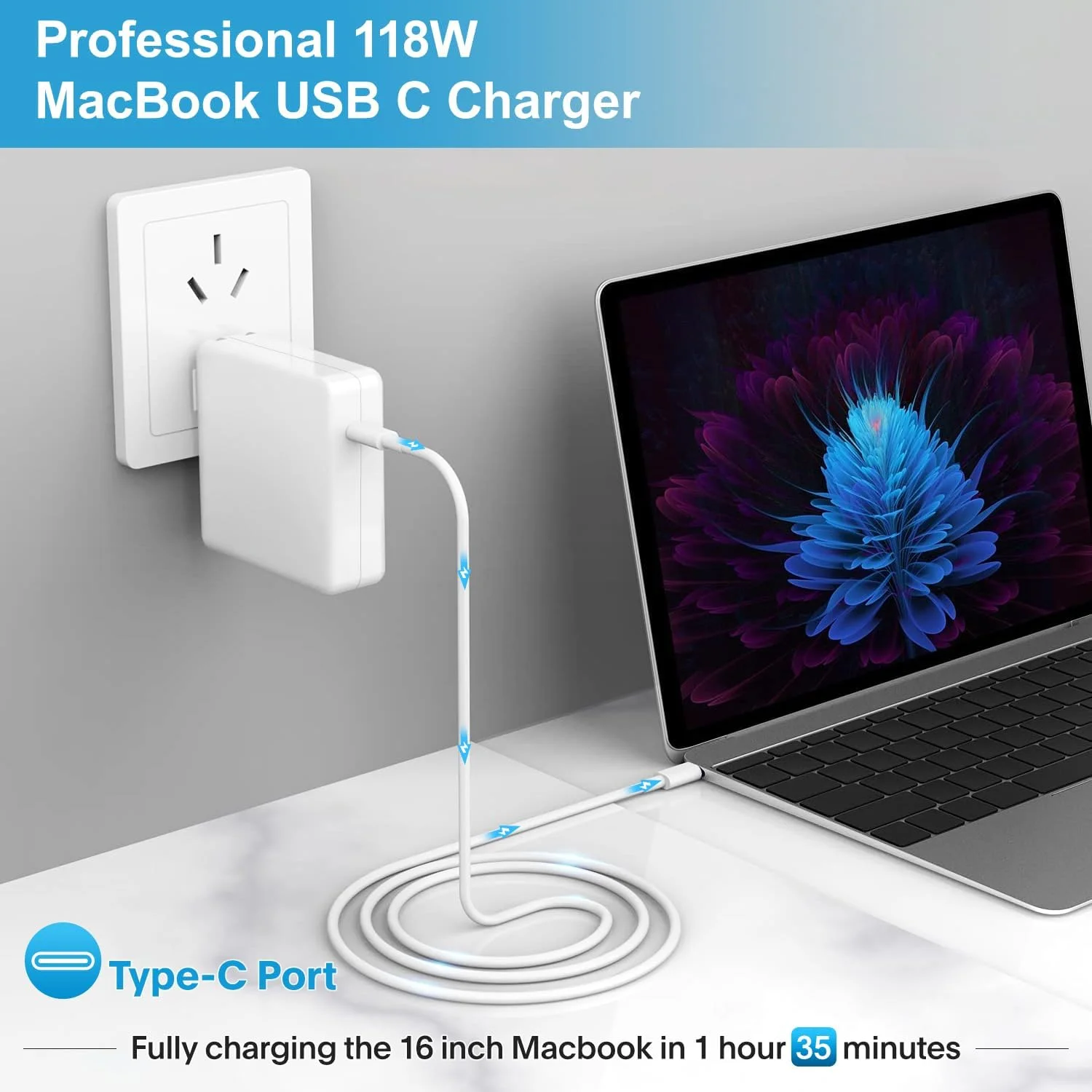 آداپتور شارژر سریع 118 واتی USB C سازگار با مک بوک پرو/مک بوک ایر 16 15 14 13 اینچ، M1 M2 M3 M4 M5، آیپد پرو جدید و همه دستگاه های USB C، کابل شارژ 6.6 فوتی