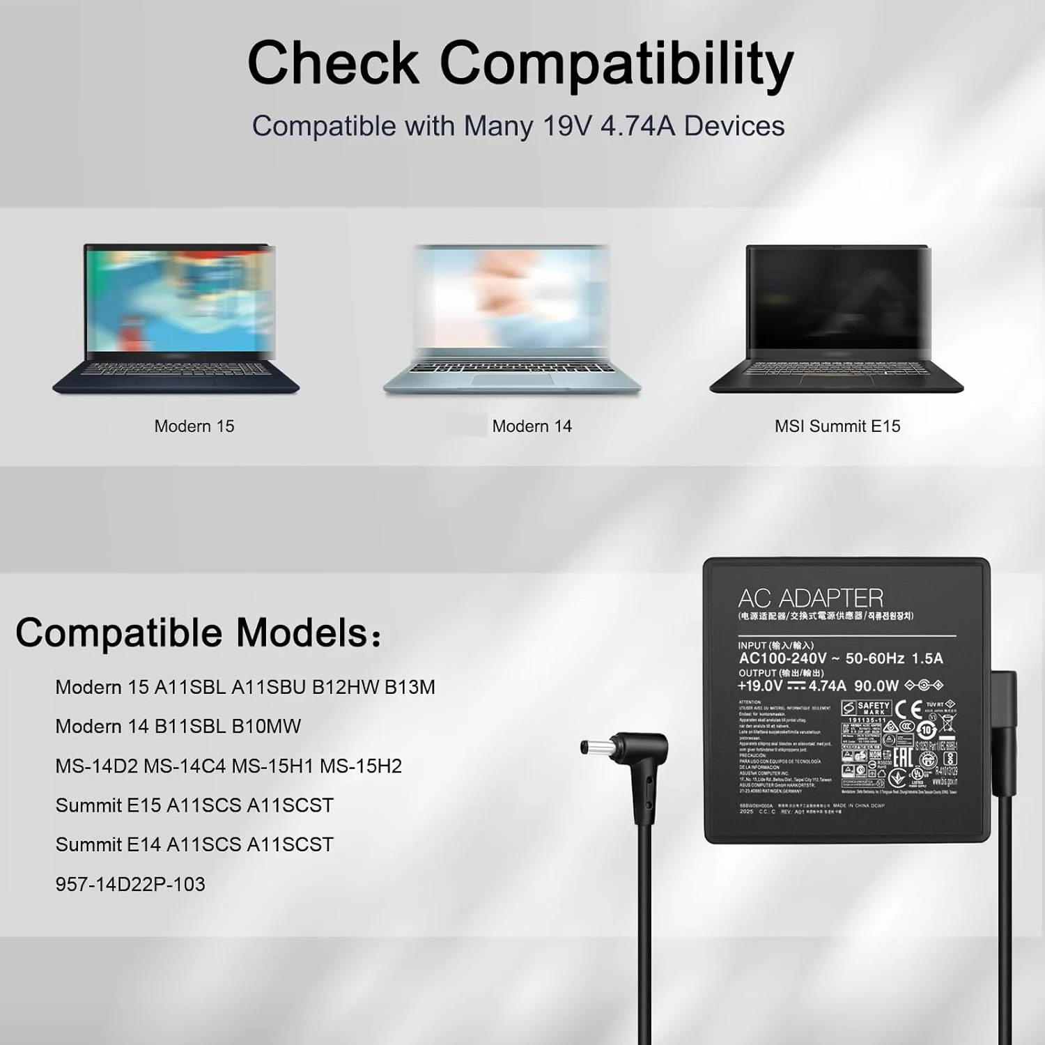 شارژر لپ تاپ 90 واتی سازگار با MSI Modern 15 14، MSI Summit E15 E14 MS-14D2 MS-14C4 MS-15H1 MS-15H2، منبع تغذیه سازگار با شارژر 90 واتی ایسوس adp-90le b adp-90yd d با کانکتور 4.5 * 3.0 میلی متر