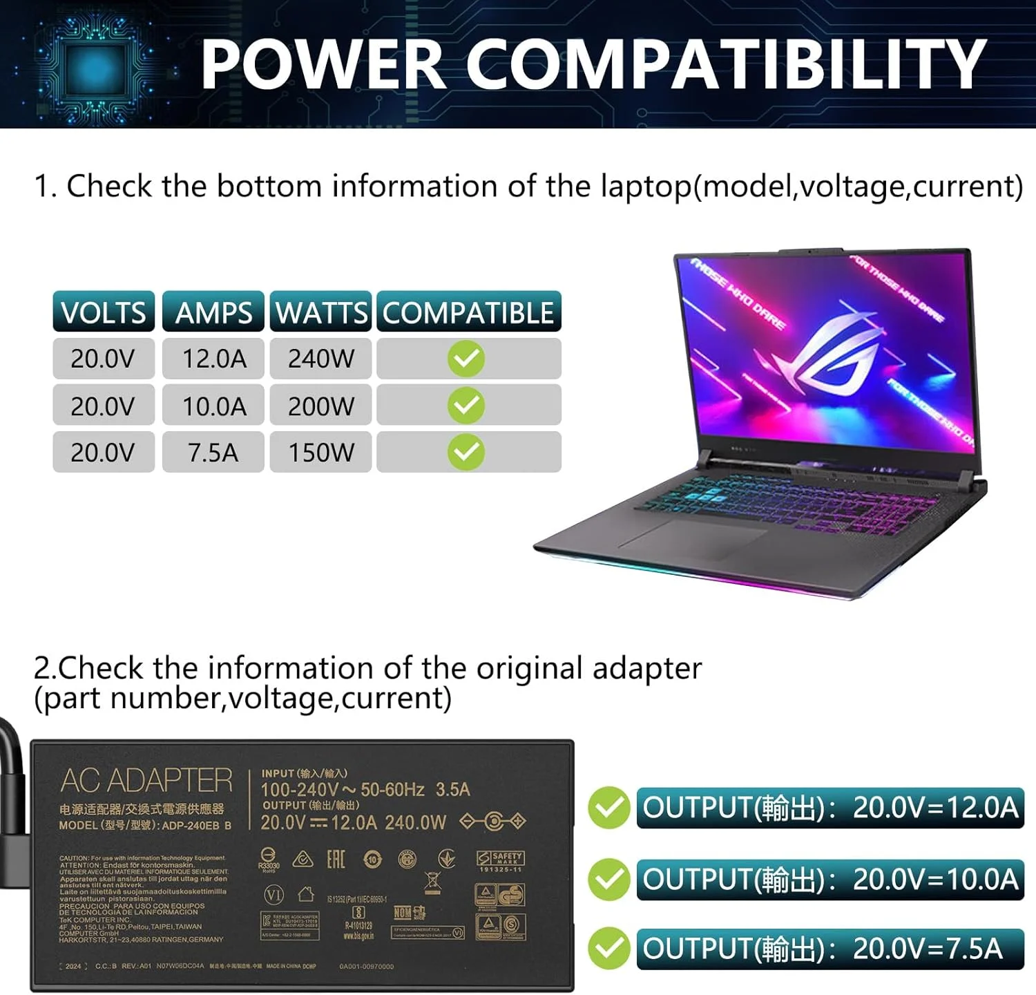شارژر لپ تاپ AC برای لپ تاپ های ایسوس ROG Zephyrus G14 G15 GA401 GA401I GA401II GA502DU GA502D GA502IU FX705GE GL703GM ADP-180TB H و ایسوس TUF Gaming به همراه سیم برق