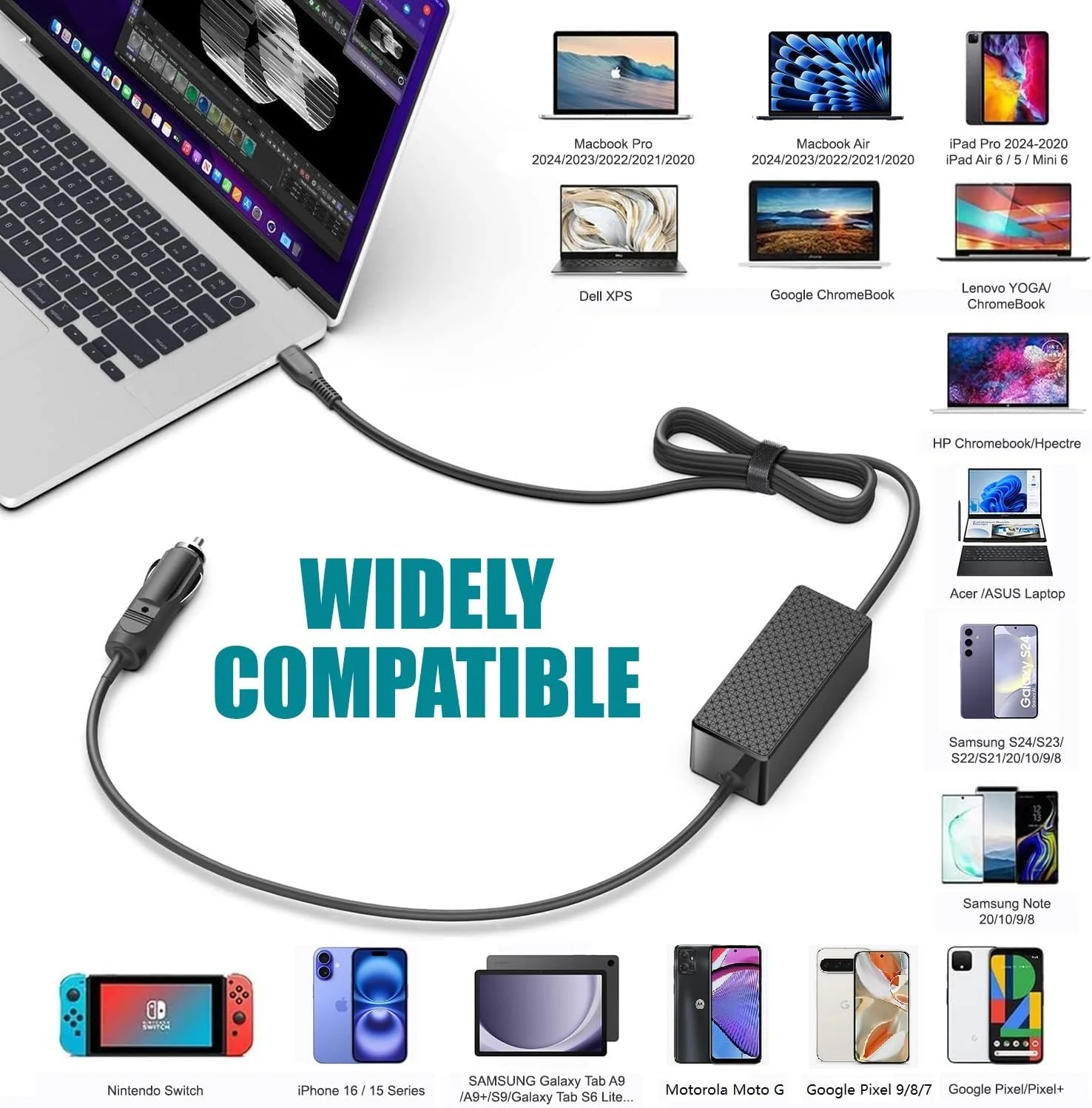 شارژر فندکی لپ تاپ HKY USB C PD 100W 95W 90W 65W 45W آداپتور DC برای Lenovo Thinkpad/Yoga/IdeaPad, Dell Latitude/XPS, LG Gram, MacBook Pro/Air, HP Spectre/Elitebook, Surface, Acer, Asus, MSI, Chromebook