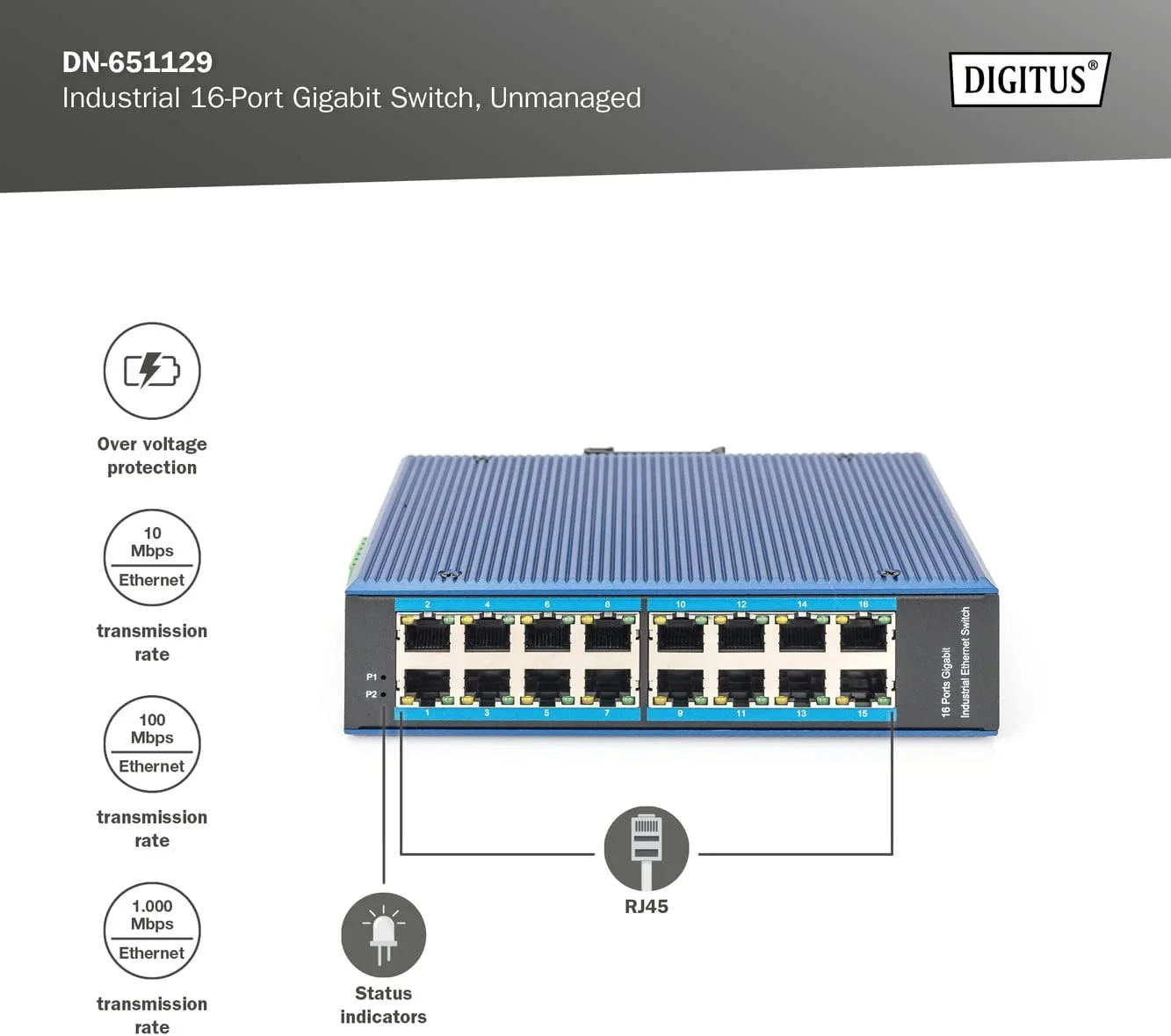 سوئیچ صنعتی 16 پورت گیگابیتی غیر مدیریتی DIGITUS