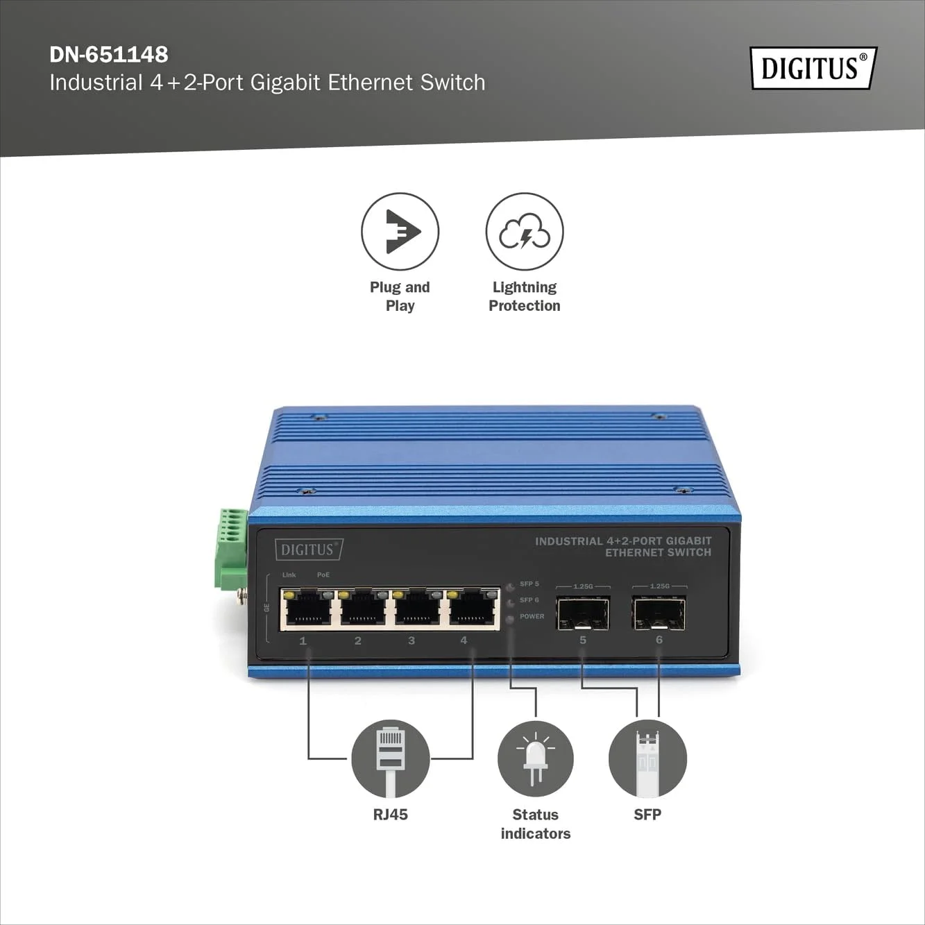 سوئیچ شبکه DIGITUS - 6 پورت گیگابیتی اترنت - 4 پورت RJ45 + 2 پورت SFP - IP40 - 10/100/1000 مگابیت بر ثانیه - نصب روی ریل DIN - سری صنعتی - مشکی/آبی سوئیچ شبکه DIGITUS - 6 پورت گیگابیتی اترنت - 4 پورت RJ45 + 2 پورت SFP - IP40 - 10/100/1000 مگابیت بر ثانیه - نصب روی ریل DIN - سری صنعتی - مشکی/آبی